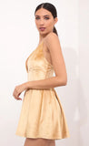 Pleated A line Velvet Dress In Mustard