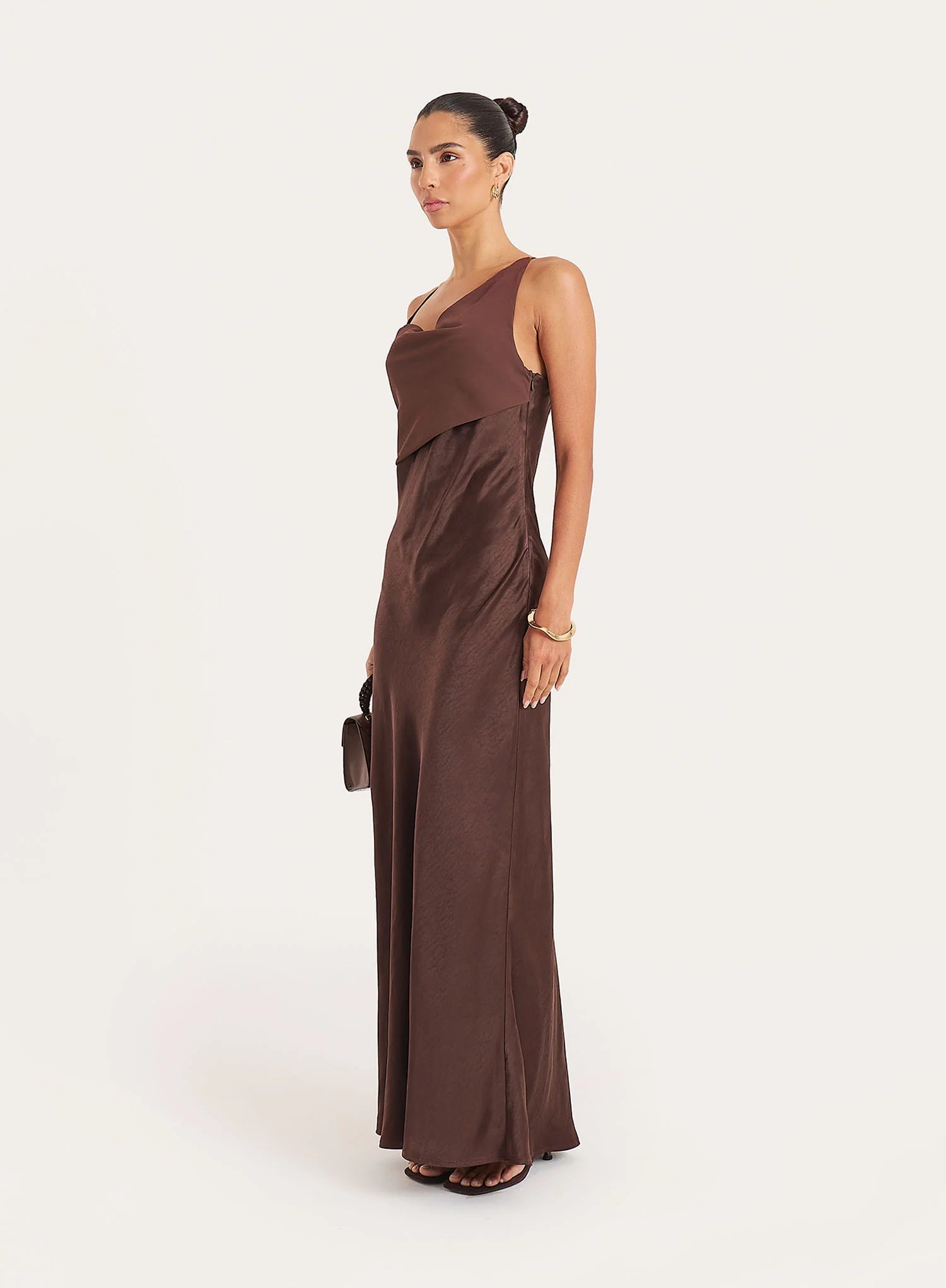 Chocolate Cowl Neck Satin And Chiffon Maxi Dress