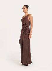 Chocolate Cowl Neck Satin And Chiffon Maxi Dress