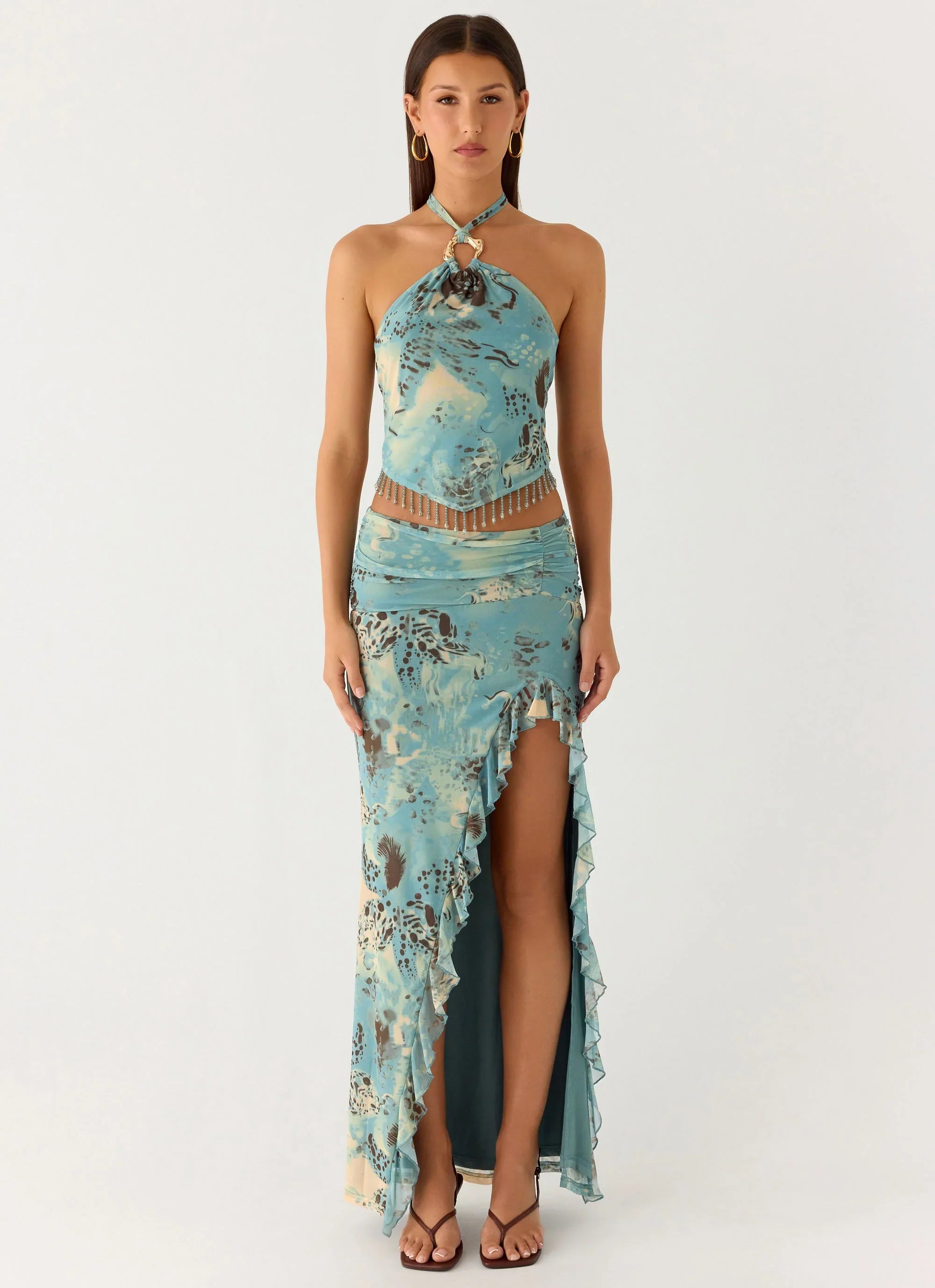 Lloyd Beaded Halter Top Aqua Blur