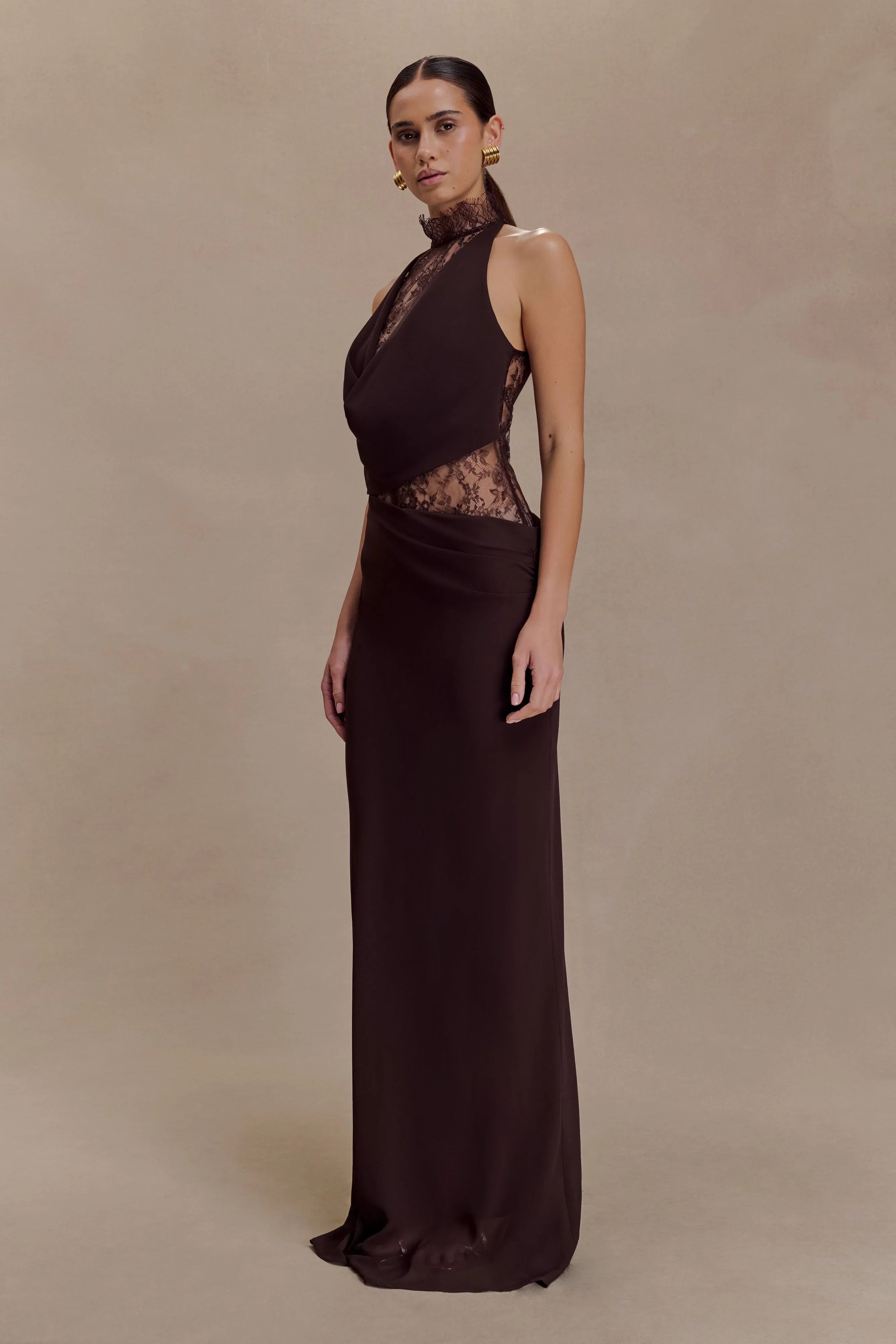 Arra Chiffon And Lace Halter Maxi Dress Cacao Brown