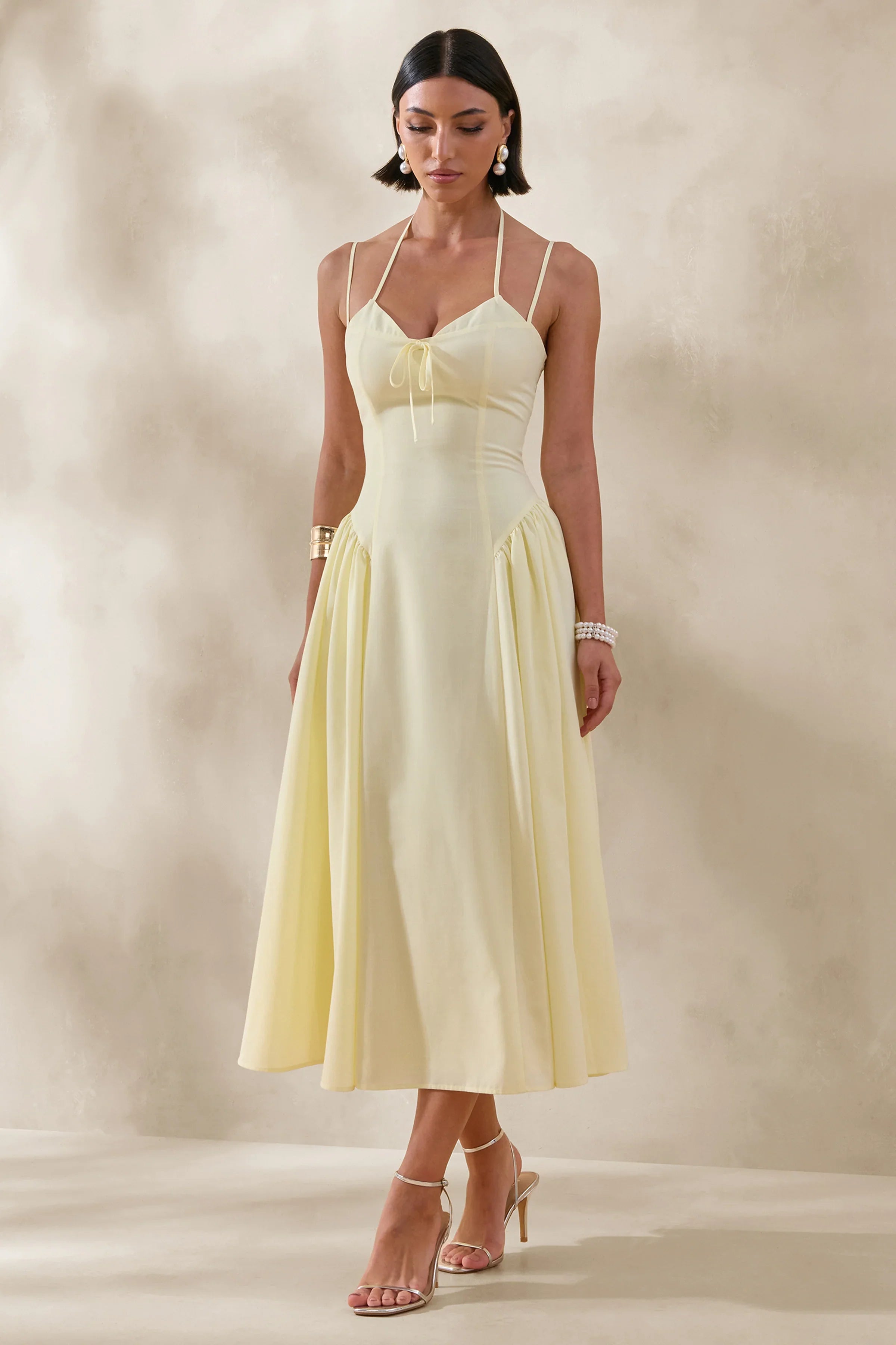 Audrey Lemon Sweetheart Neck Midi Dress With Ruching Detail