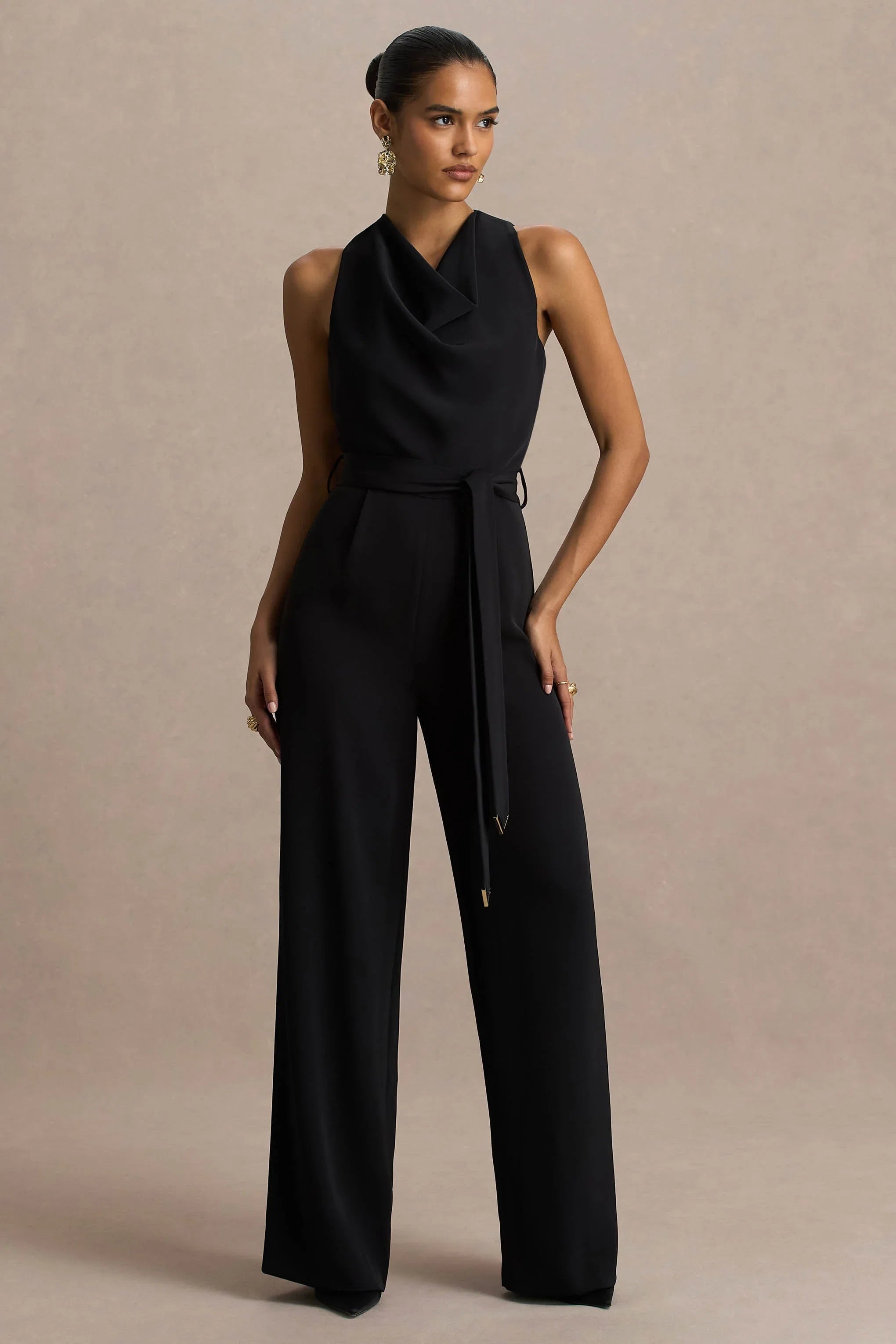 Corina Black Cowl Neck Jumpsuit With Tie Detail