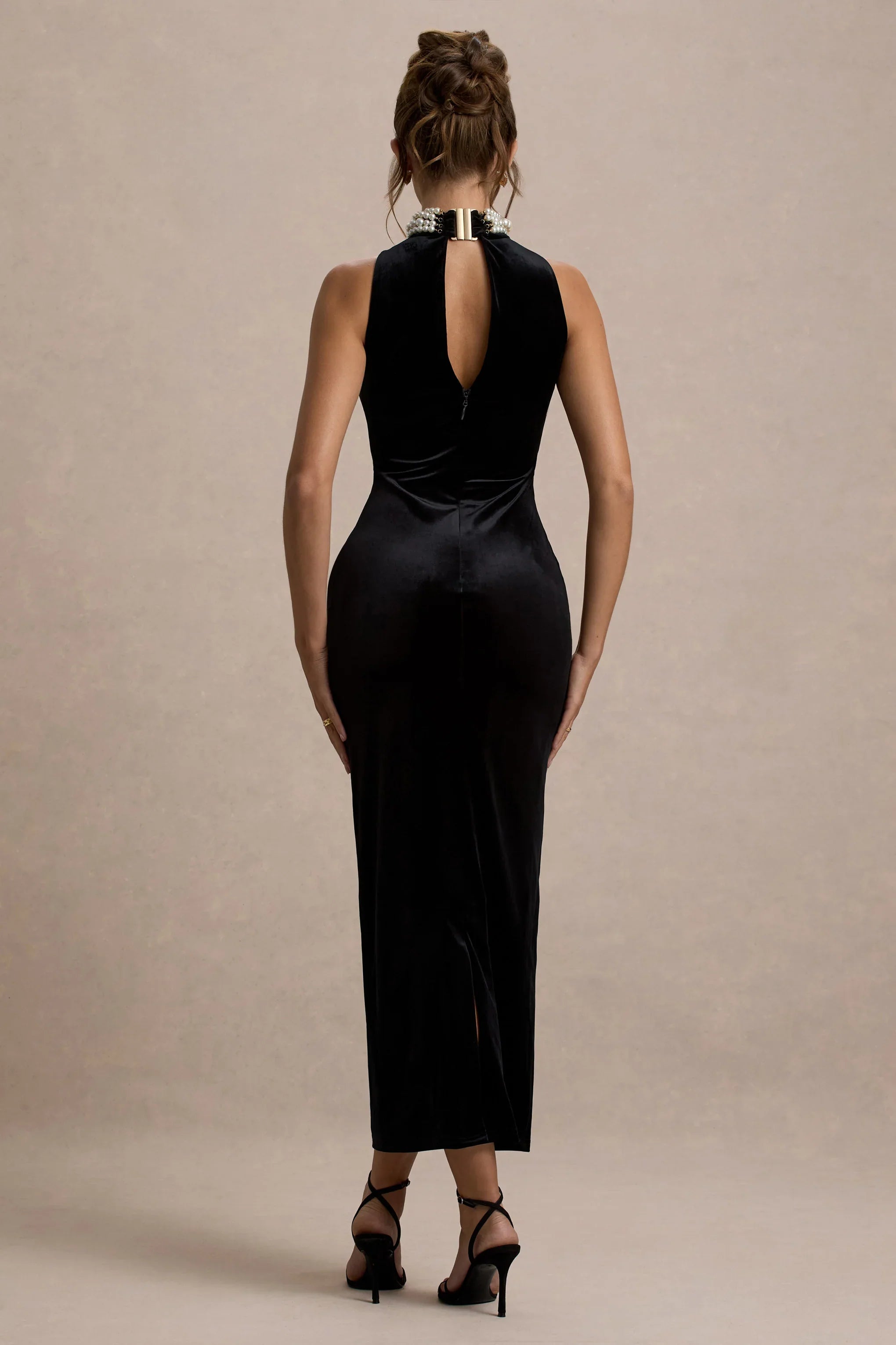 Audrine Black Velvet Embellished High Neck Maxi Dress