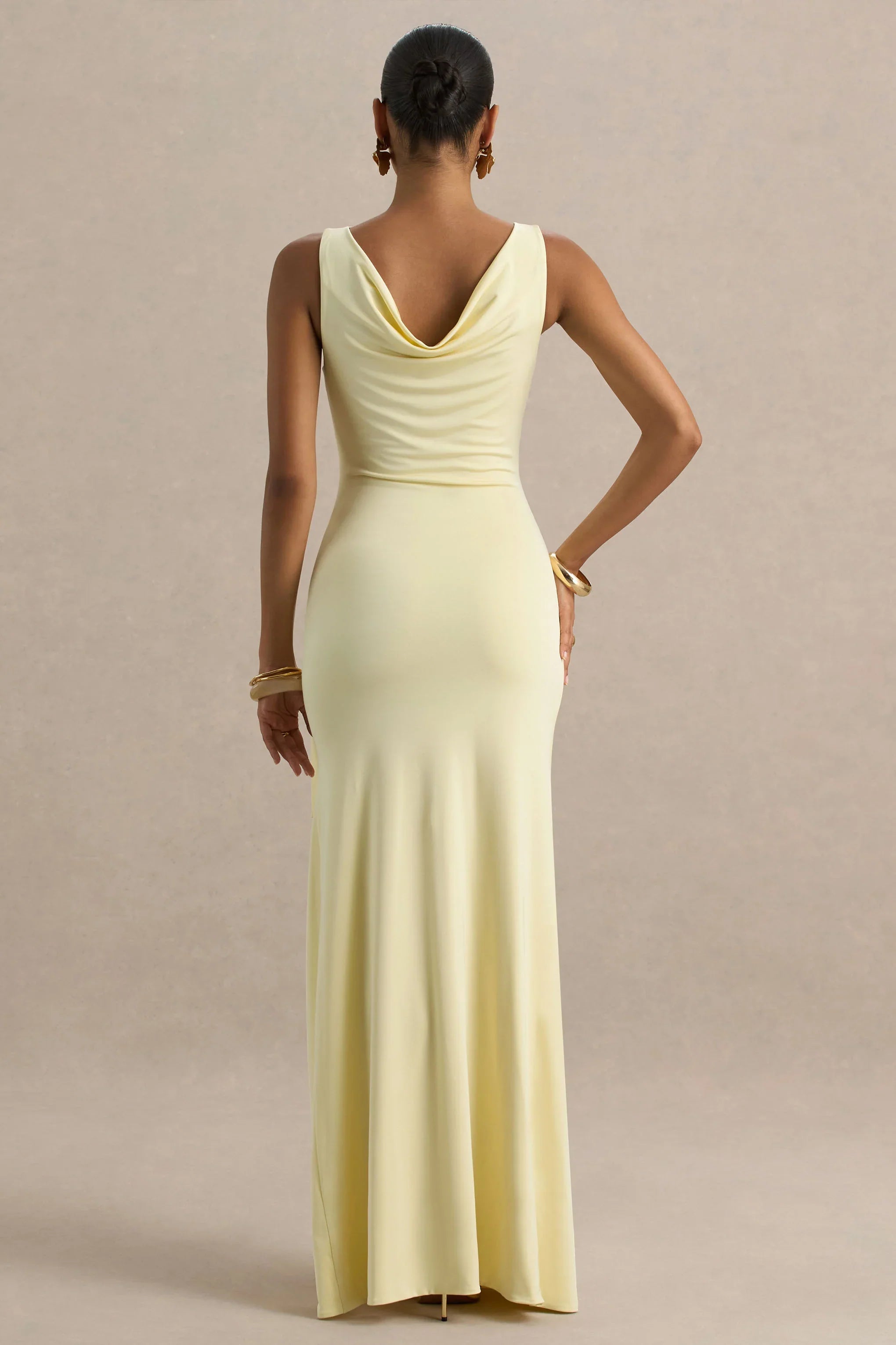 Pure Affection Pale Lemon Cowl Neck Maxi Dress With Ruched Detailing And Front High Split