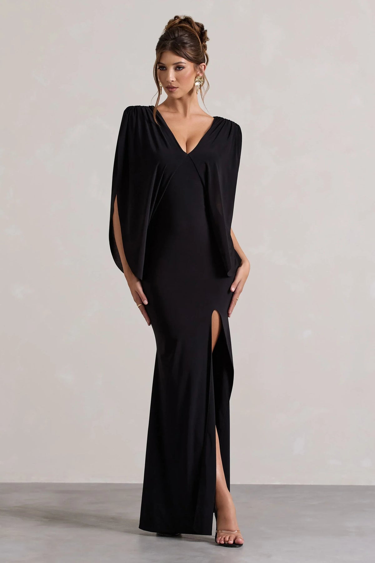 Perry Black V Neck Cape Sleeve Split Maxi Dress
