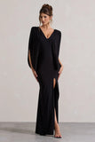 Perry Black V Neck Cape Sleeve Split Maxi Dress