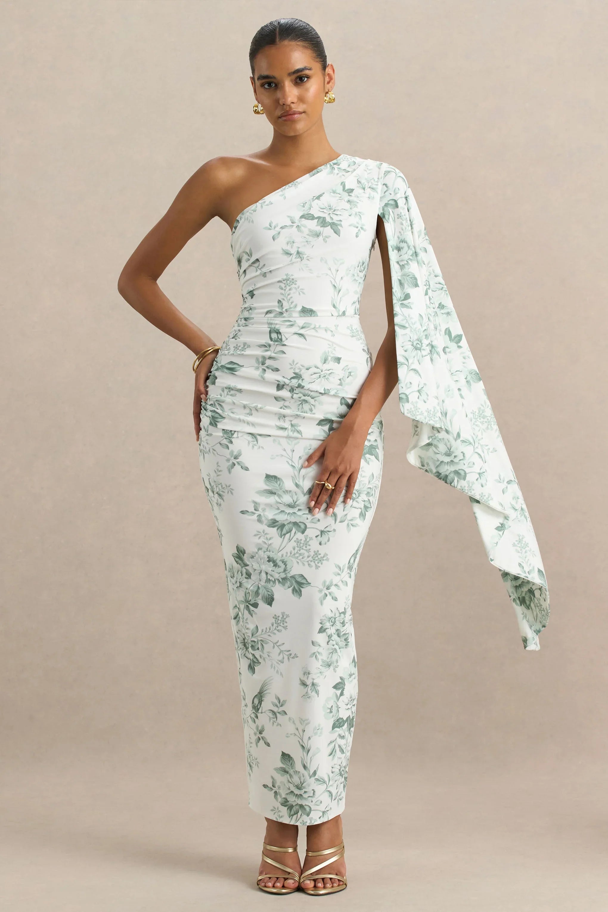 Clementina Green Porcelain Print Asymmetric Cape Sleeve Maxi Dress