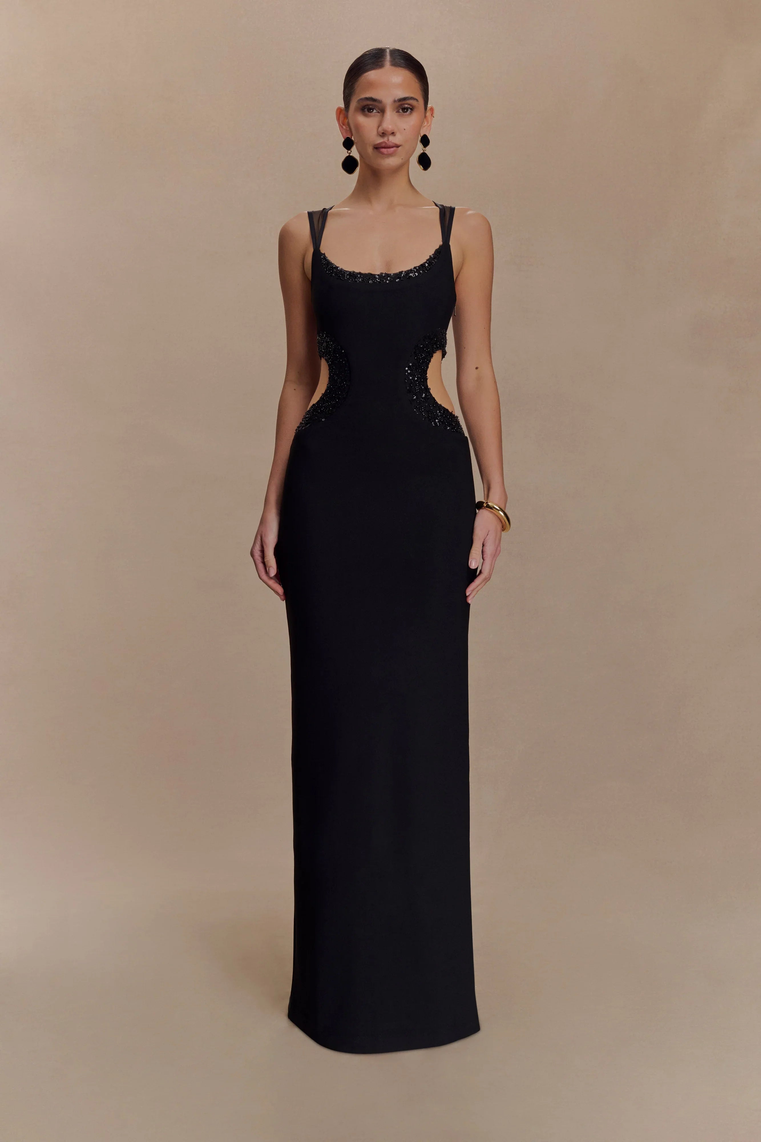 Angelique Beaded Crepe Maxi Dress Black