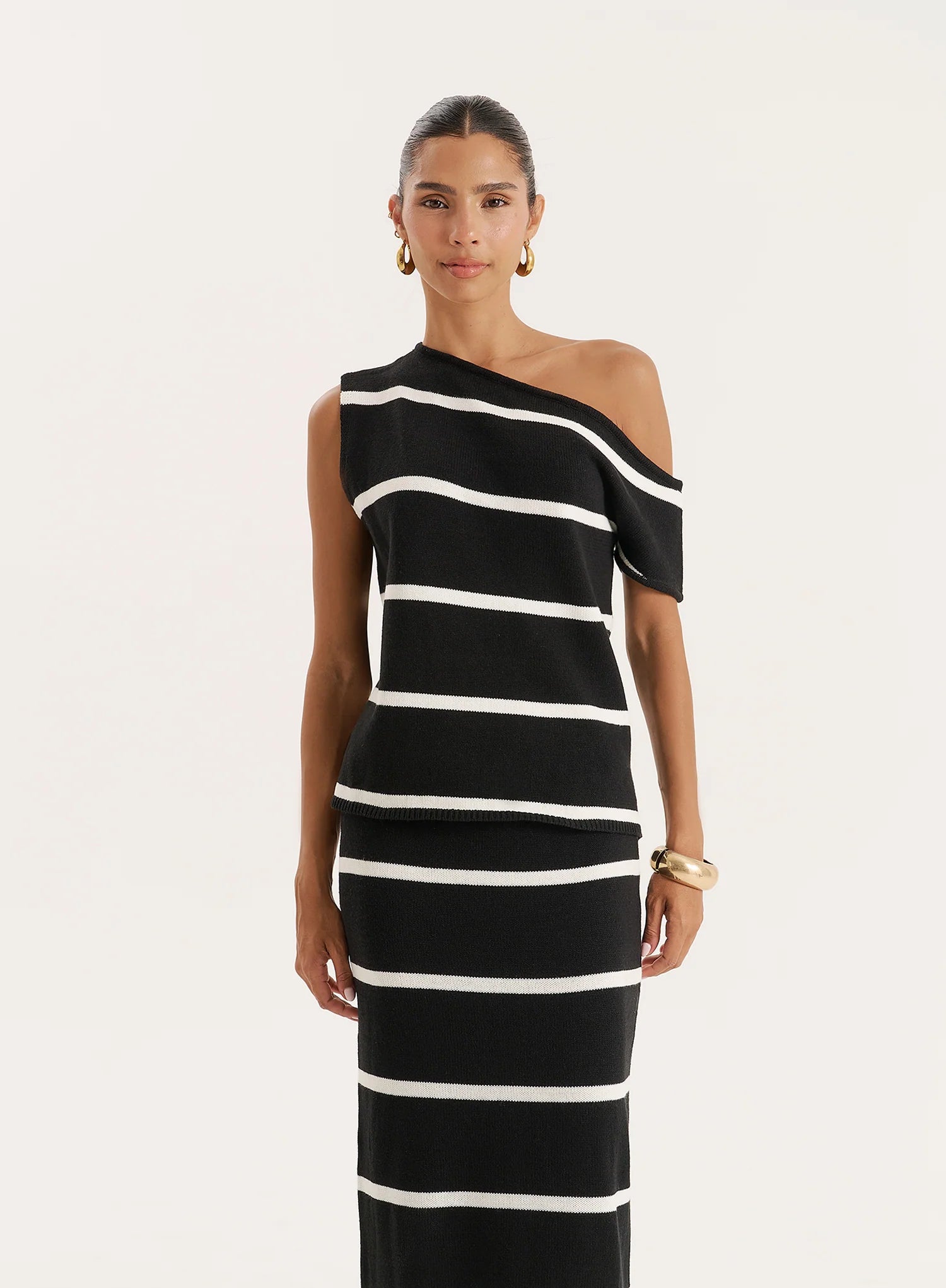 Black And White Stripe Knitted Off The Shoulder Top