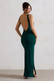 Kate Bottle Green Square Neck Maxi Dress with Plunge Back and Side Thigh Split