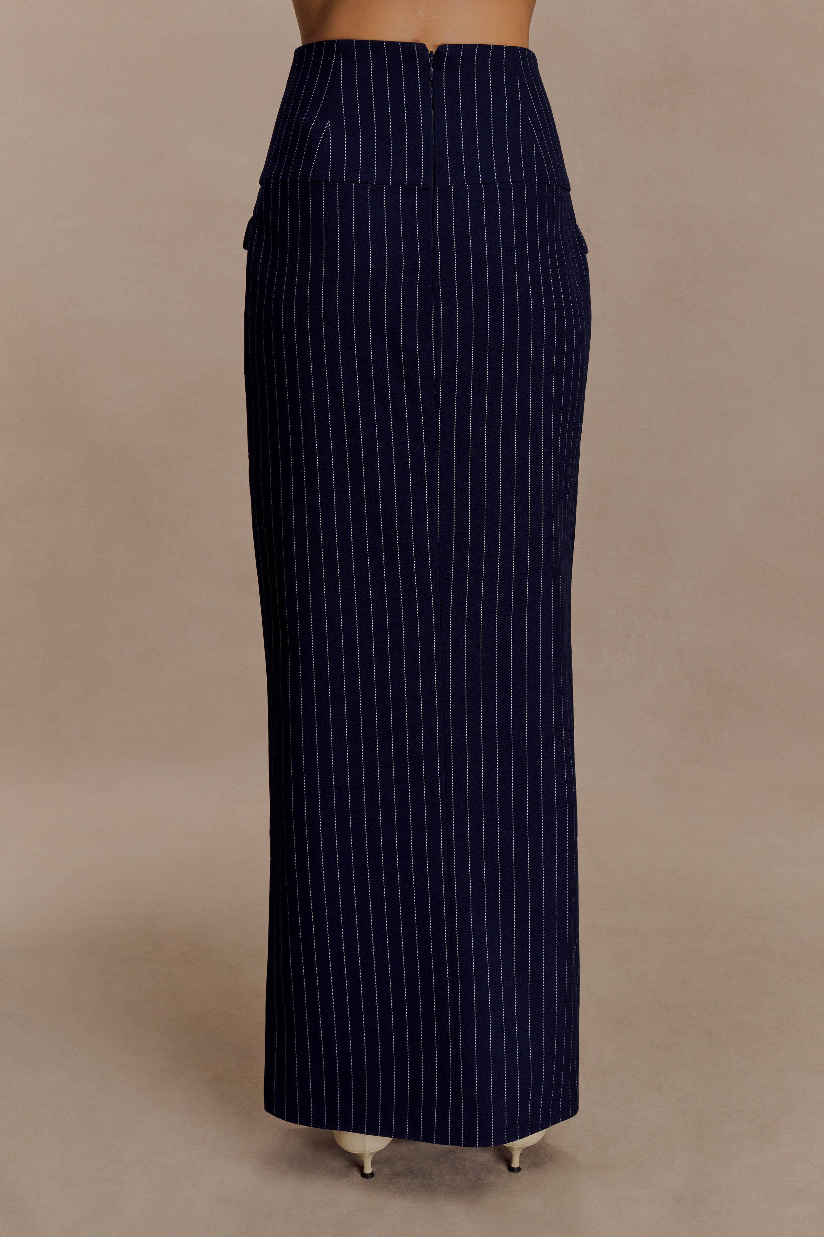 Cassie Column Maxi Skirt Navy Pinstripe