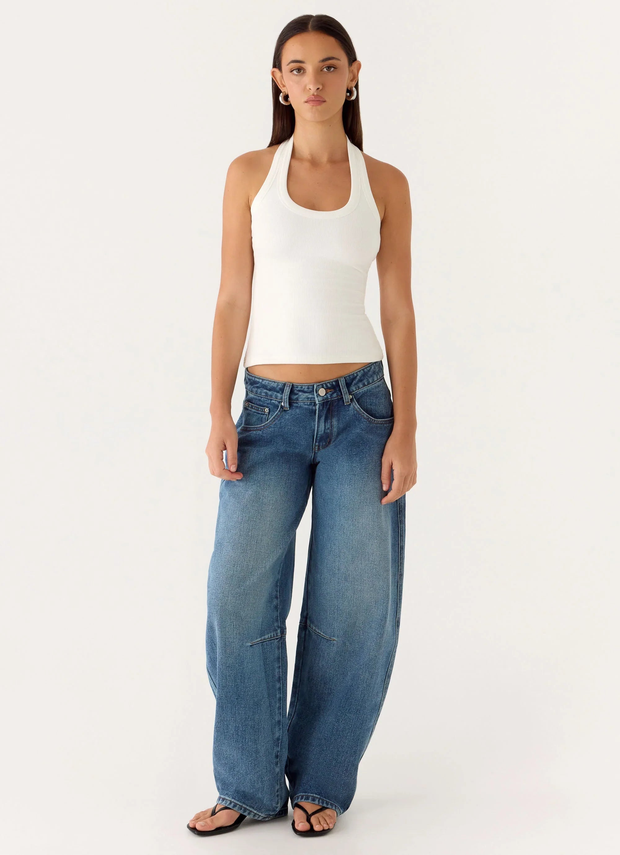 Stevie Low Rise Barrel Leg Denim Jeans Mid Wash Blue