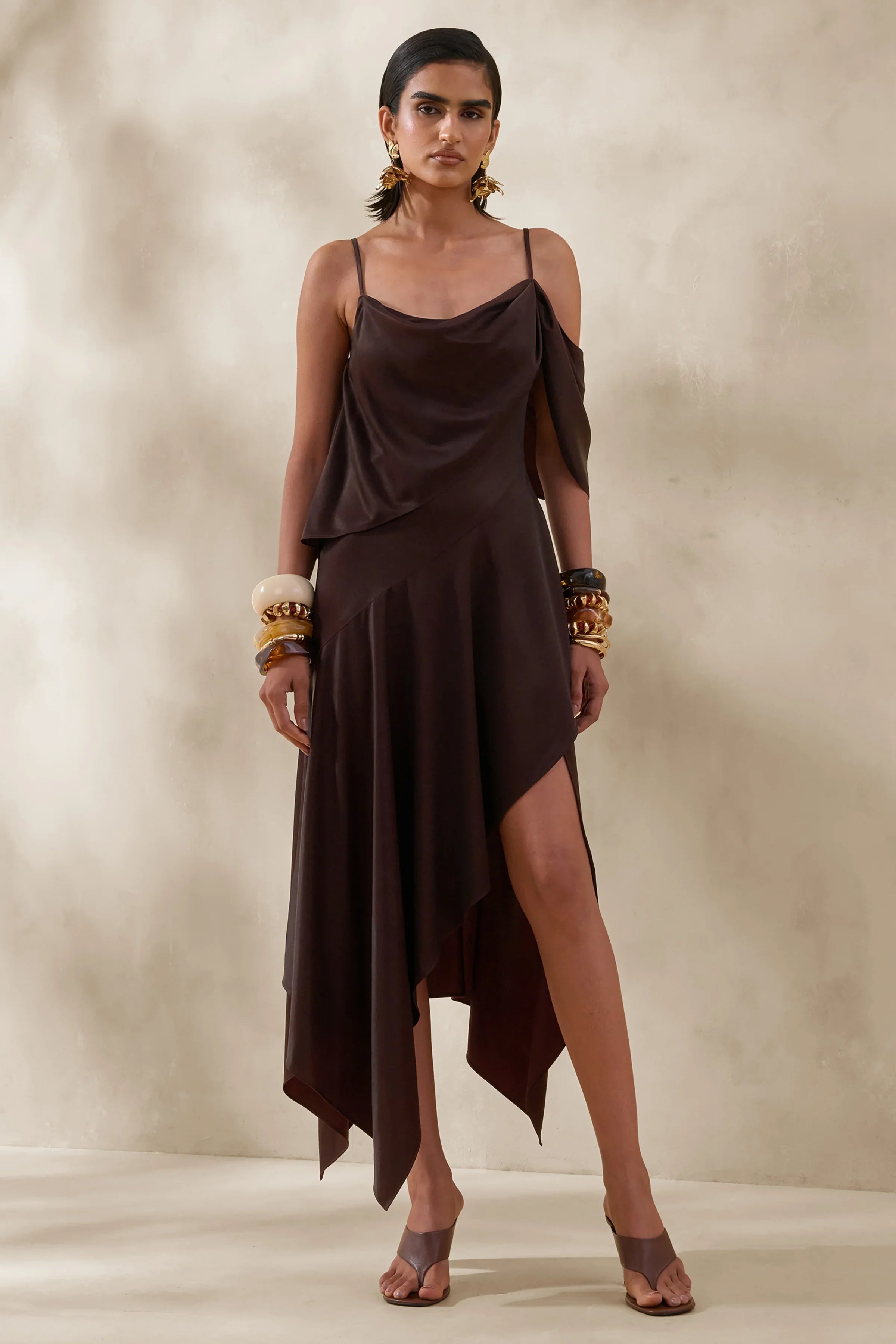 Helira Brown Asymmetric Midi Dress With Draping Detailing and Open Back