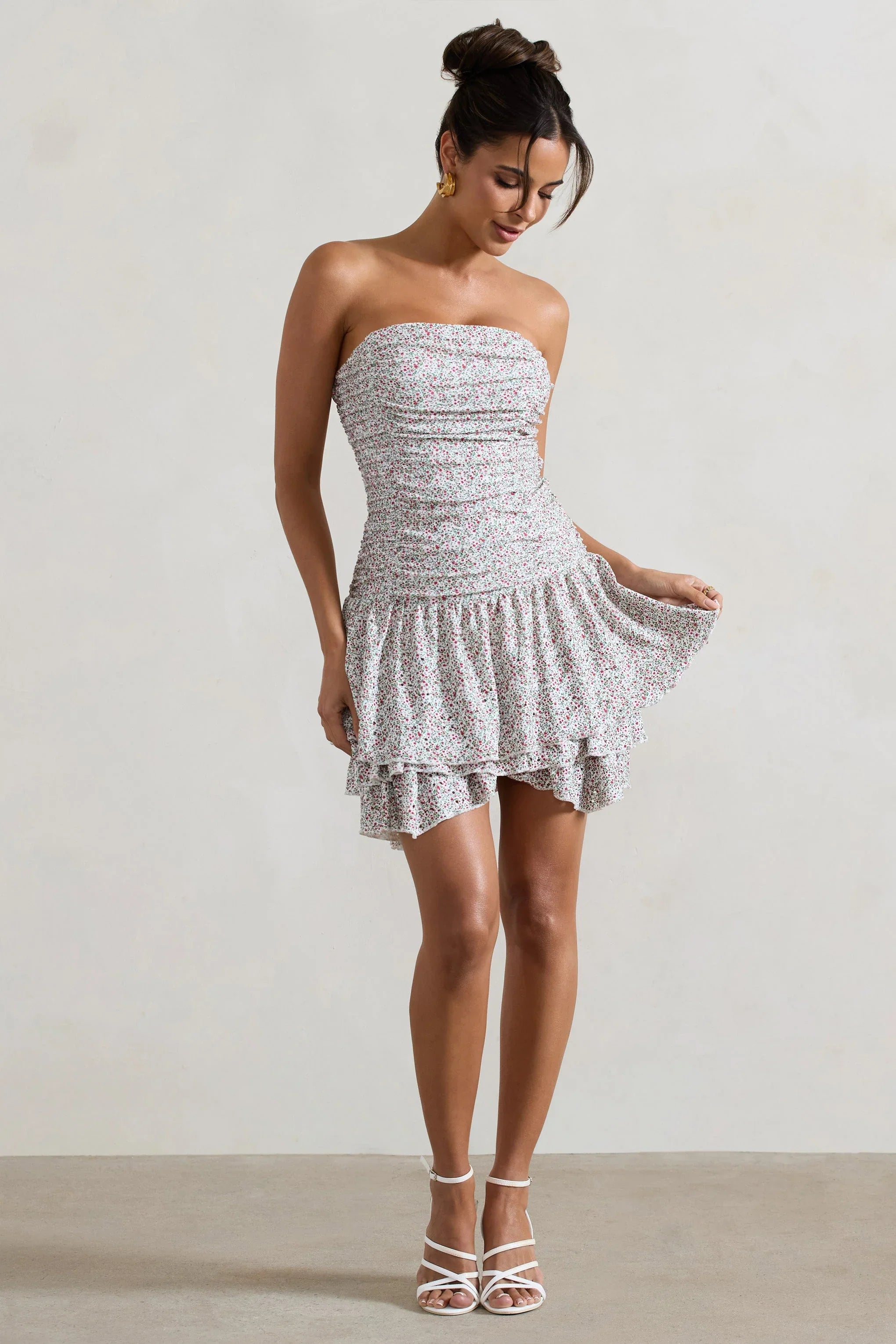 Casena Red White Floral Print Strapless Ruffle Hem Mini Dress