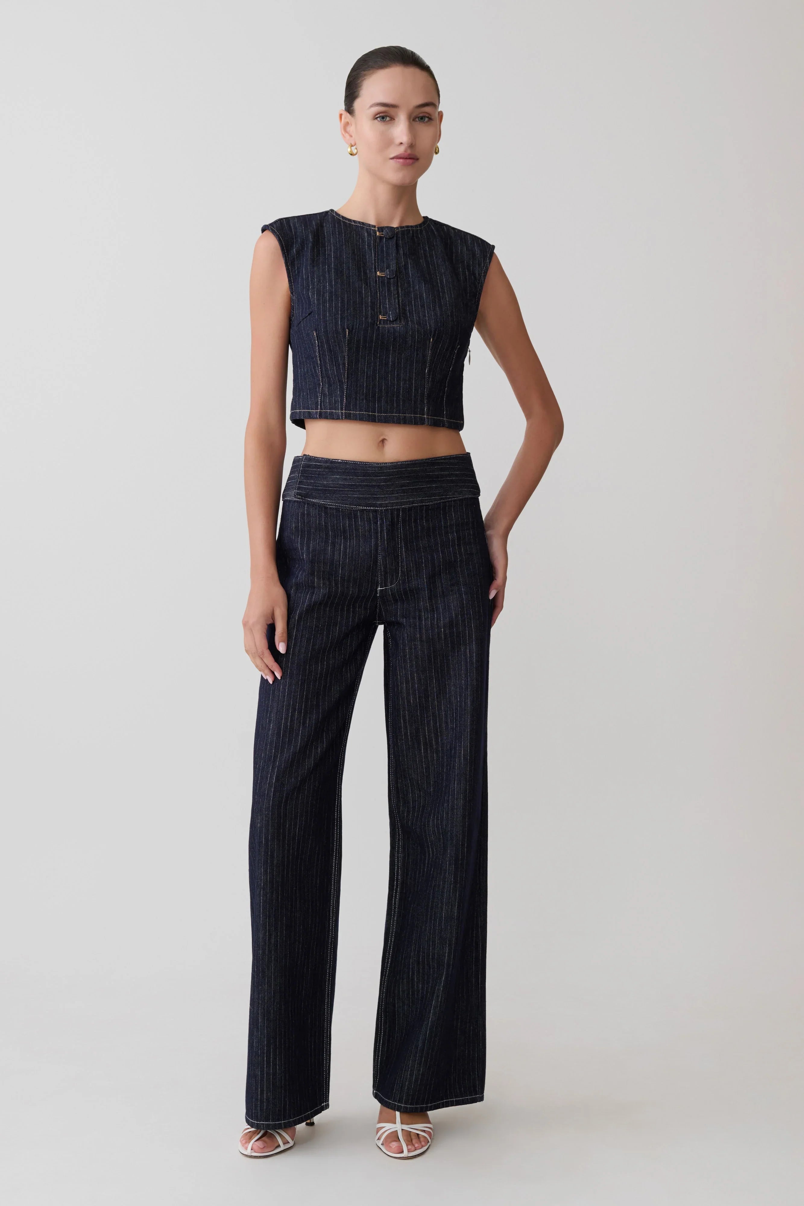 Sienna Flare Mid Rise Denim Jeans Indigo Pinstripe