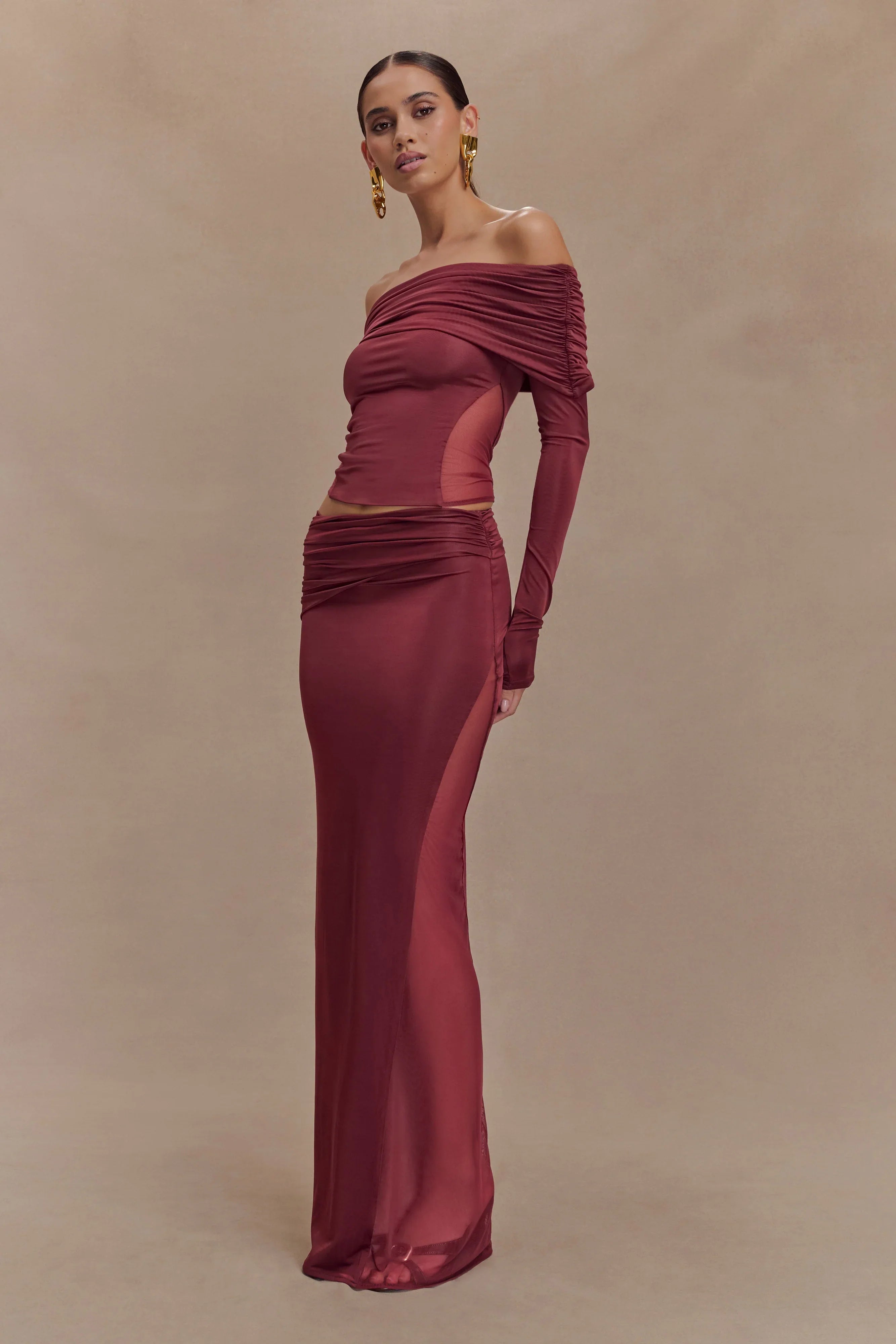 Judy Slinky And Mesh Maxi Skirt Wine