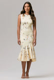 Priceless Lemon Print Crew Neck Fishtail Midi Dress