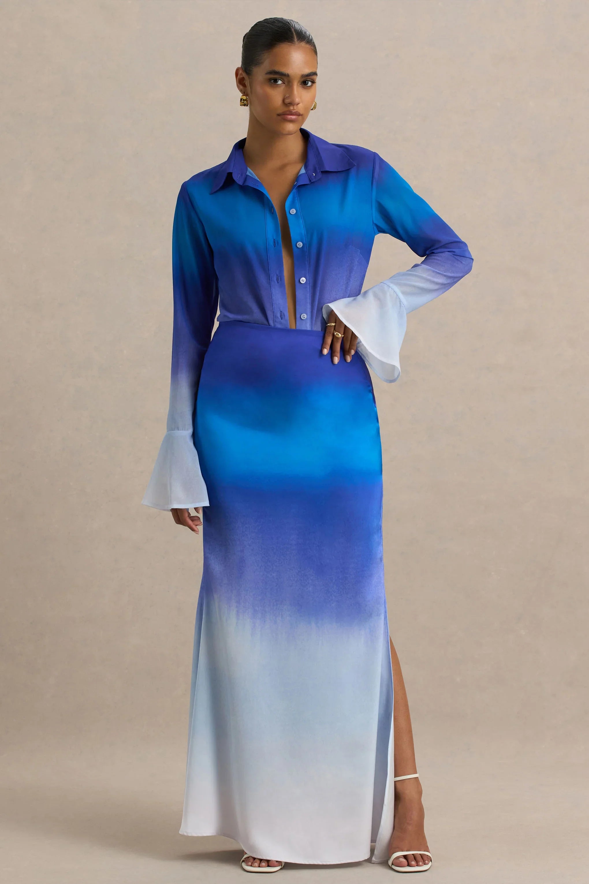 Serita Blue Ombre Satin Split Maxi Skirt