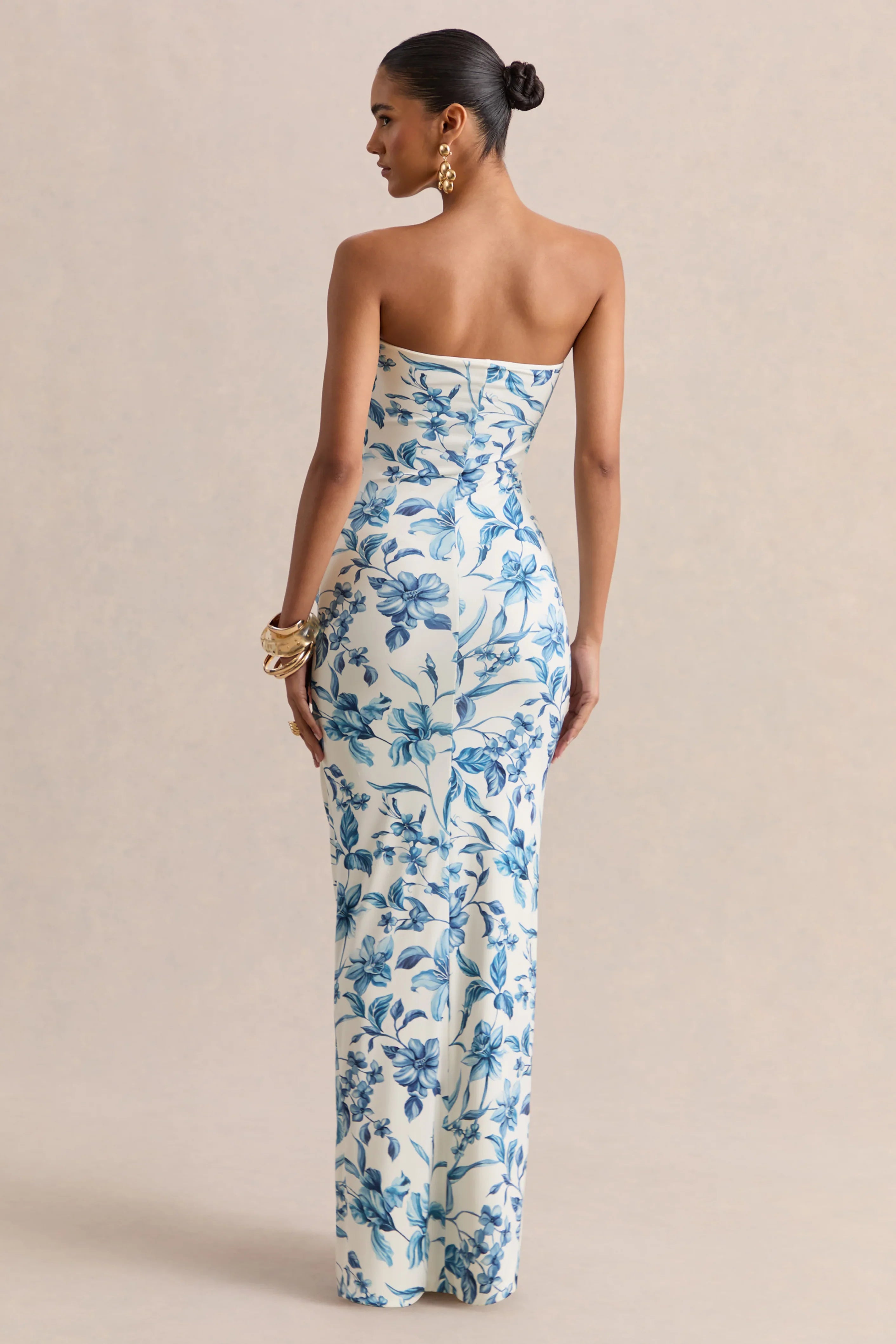 Ali Blue Porcelain Print Sweetheart Ruched Wrap Maxi Dress