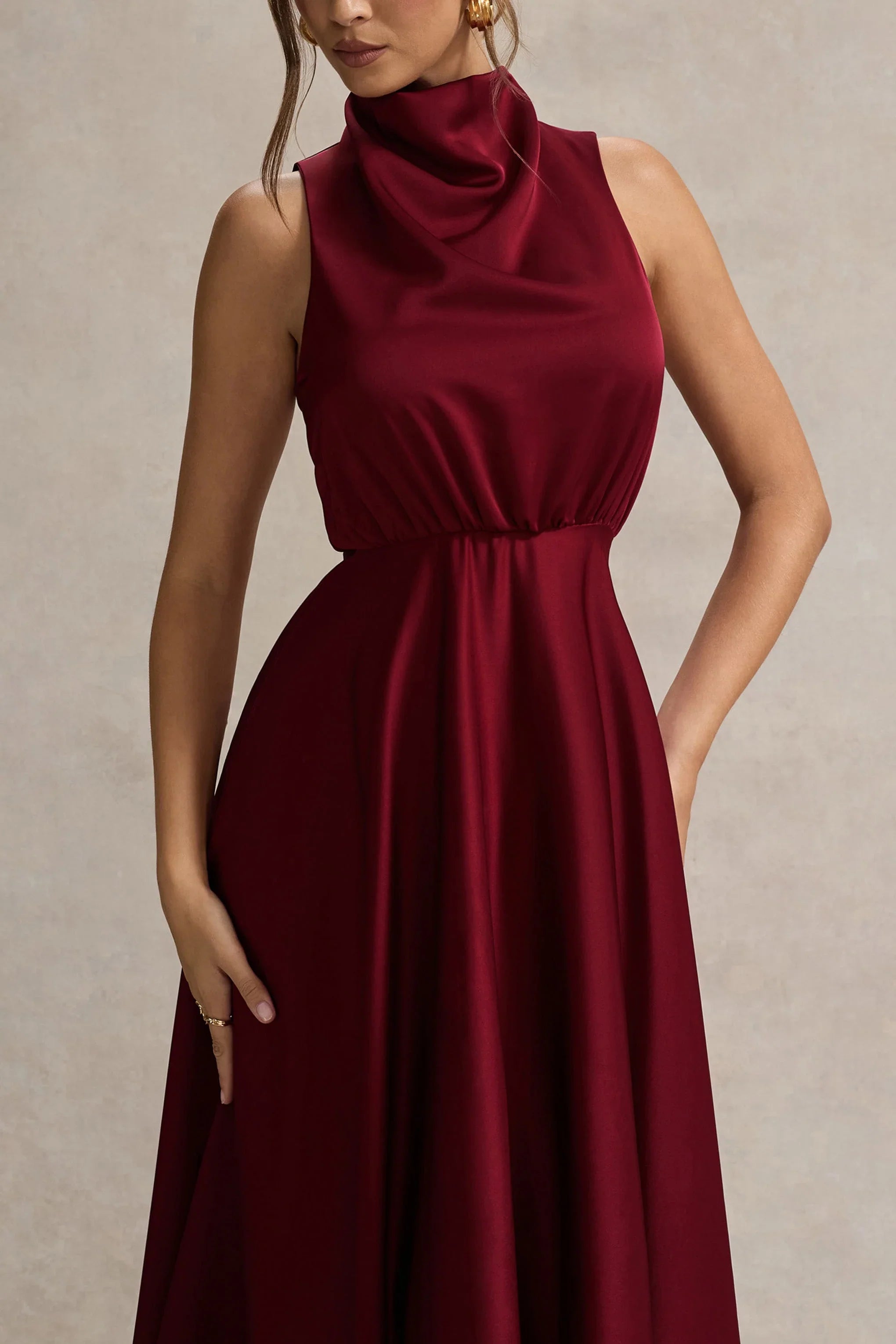 Kerri Berry Satin Cowl Neck Maxi Dress