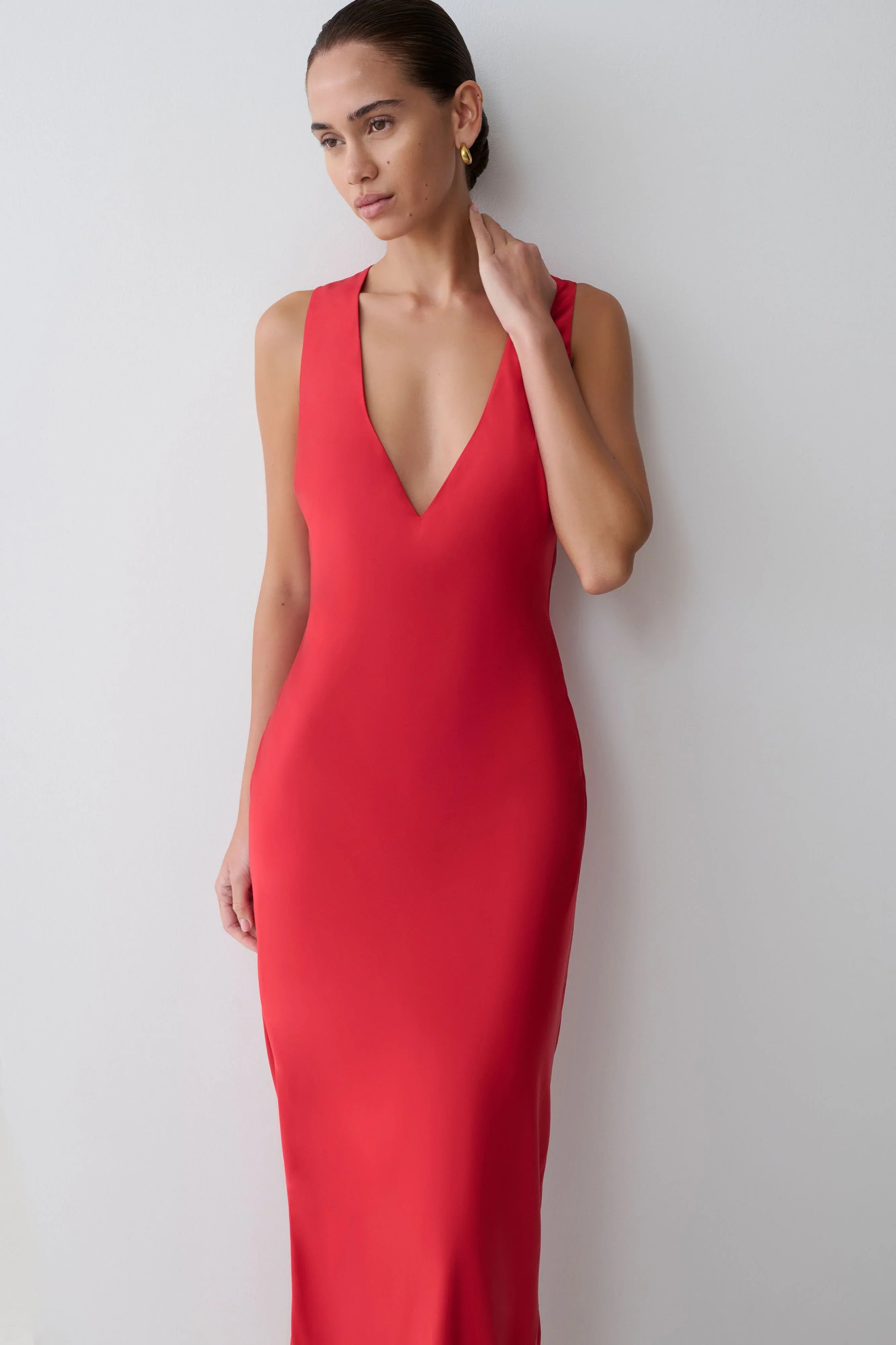 Esme Plunge Satin Maxi Dress Red