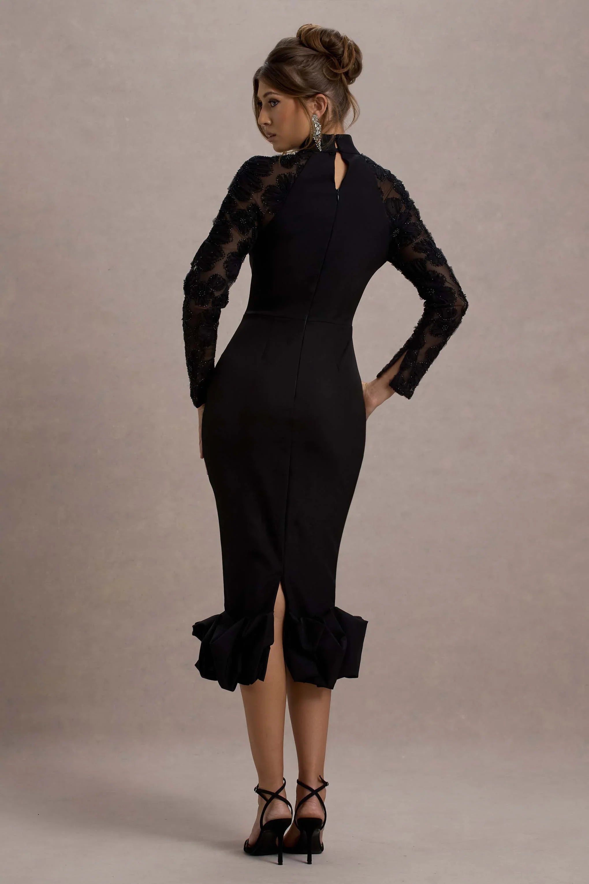 Chandra Black Mesh Long Sleeve Midi Dress With Ruffle Hem