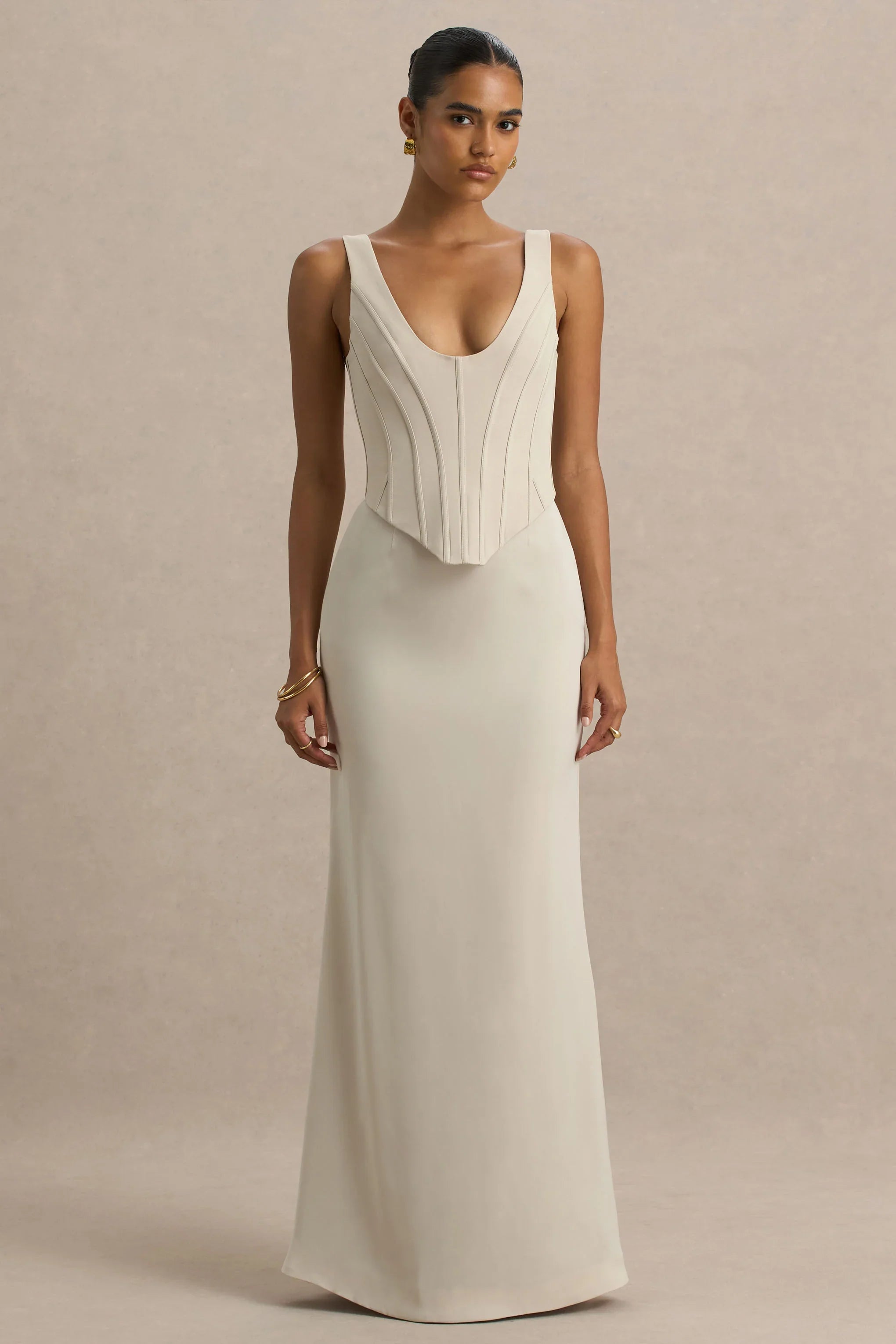 Morgan Champagne Satin Corset Maxi Dress