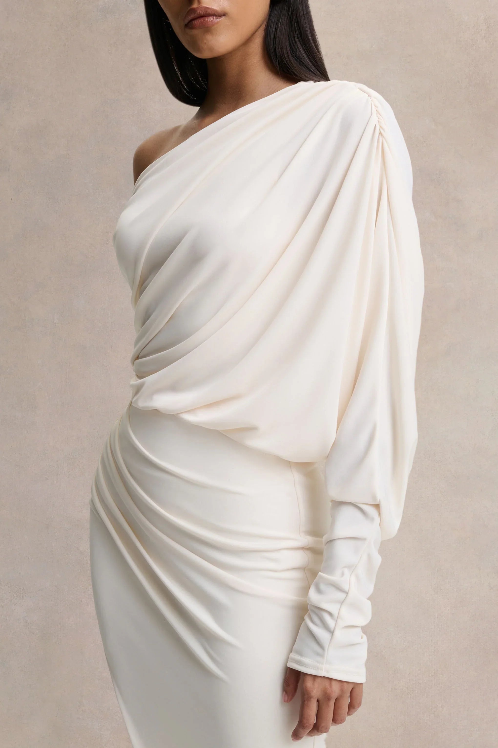 Olivia Cream Asymmetric Neck Maxi Dress With Ruched Detailing Asymmetric Hem