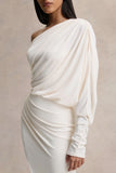 Olivia Cream Asymmetric Neck Maxi Dress With Ruched Detailing Asymmetric Hem
