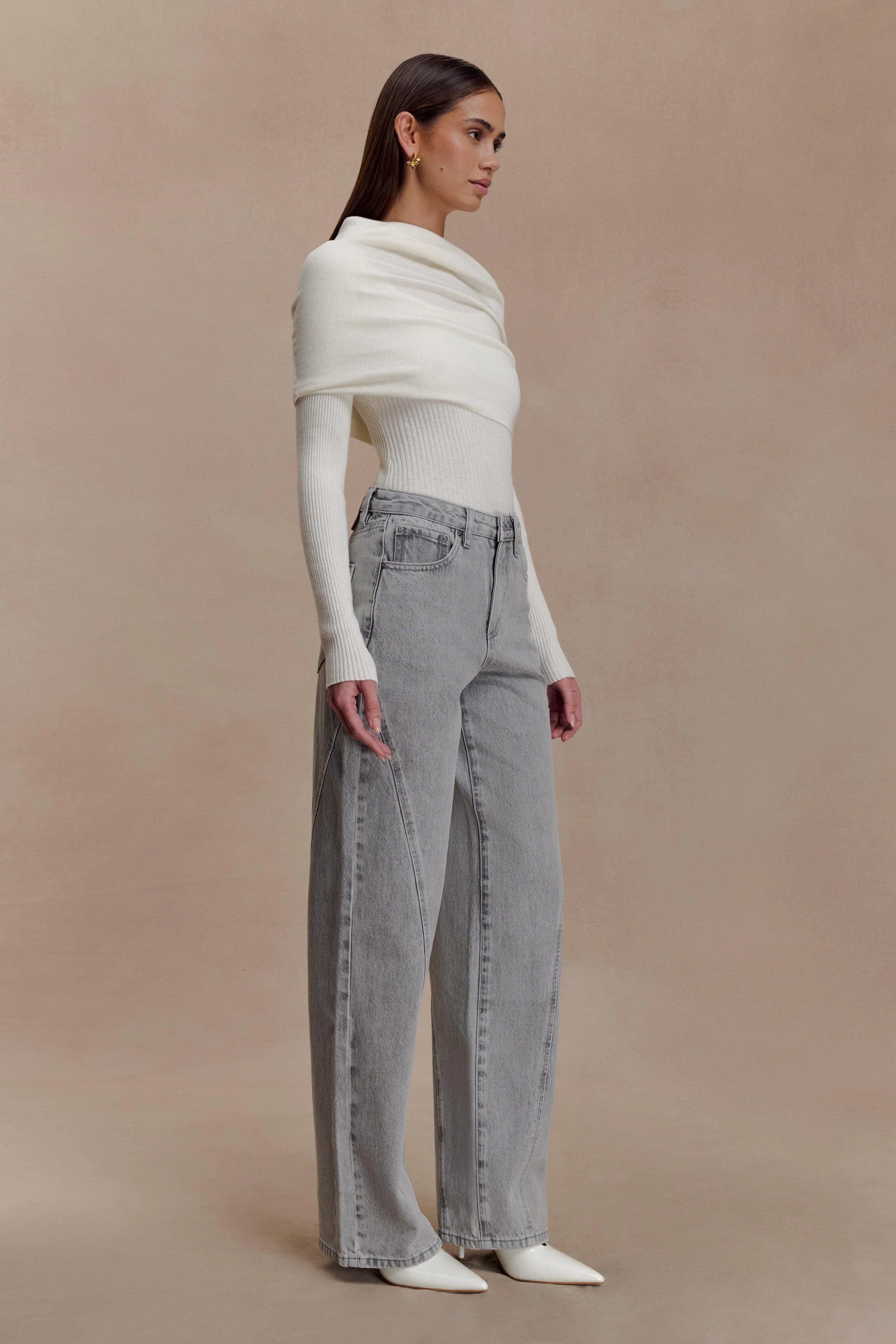 Mazie Asymetrical Cashmere Blend Long Sleeve Knit Top Ivory