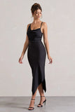 Fillie Black Satin Asymmetric Cowl Neck Midi Dress