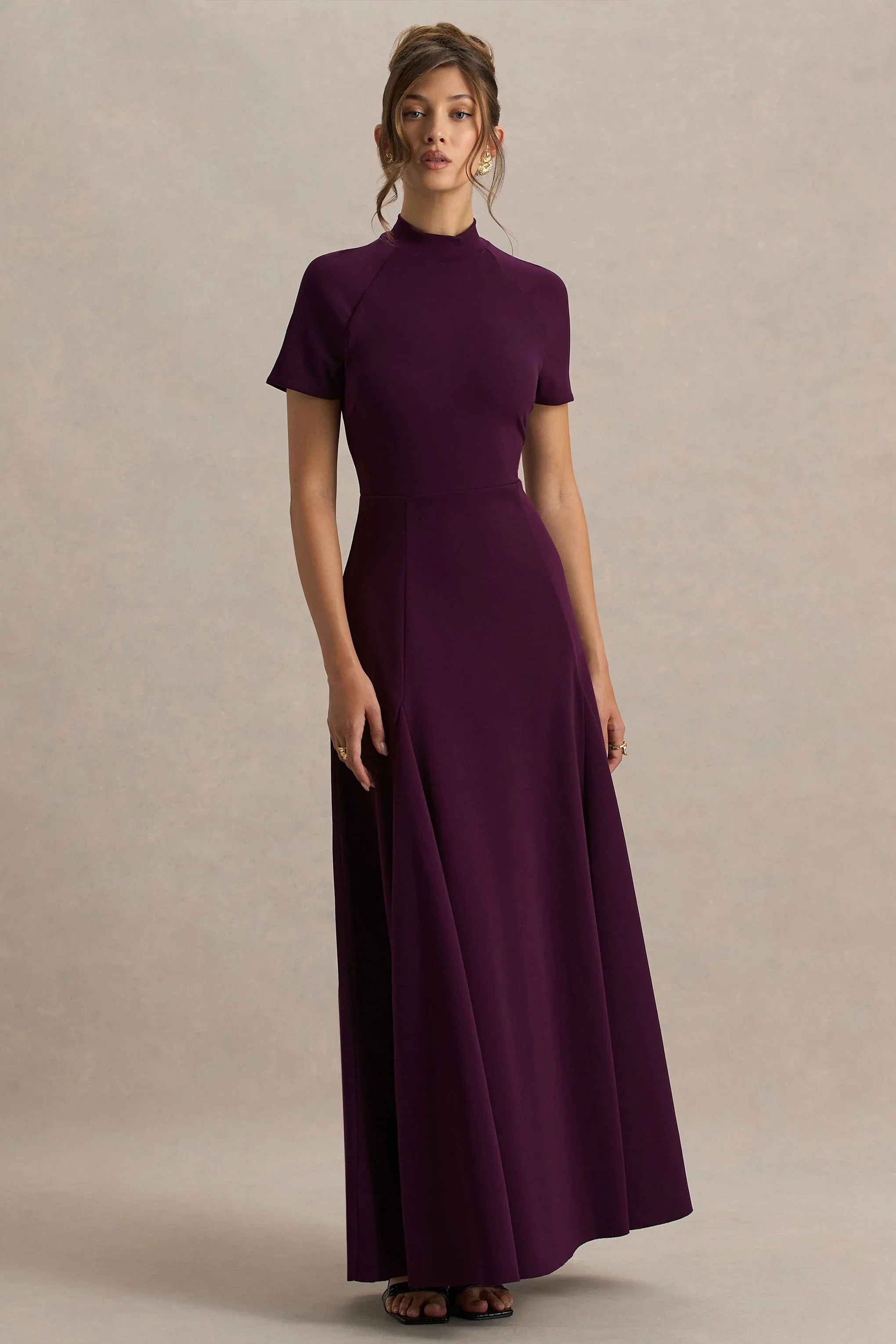 Alea Burgundy High Neck Short Sleeve Maxi Dress