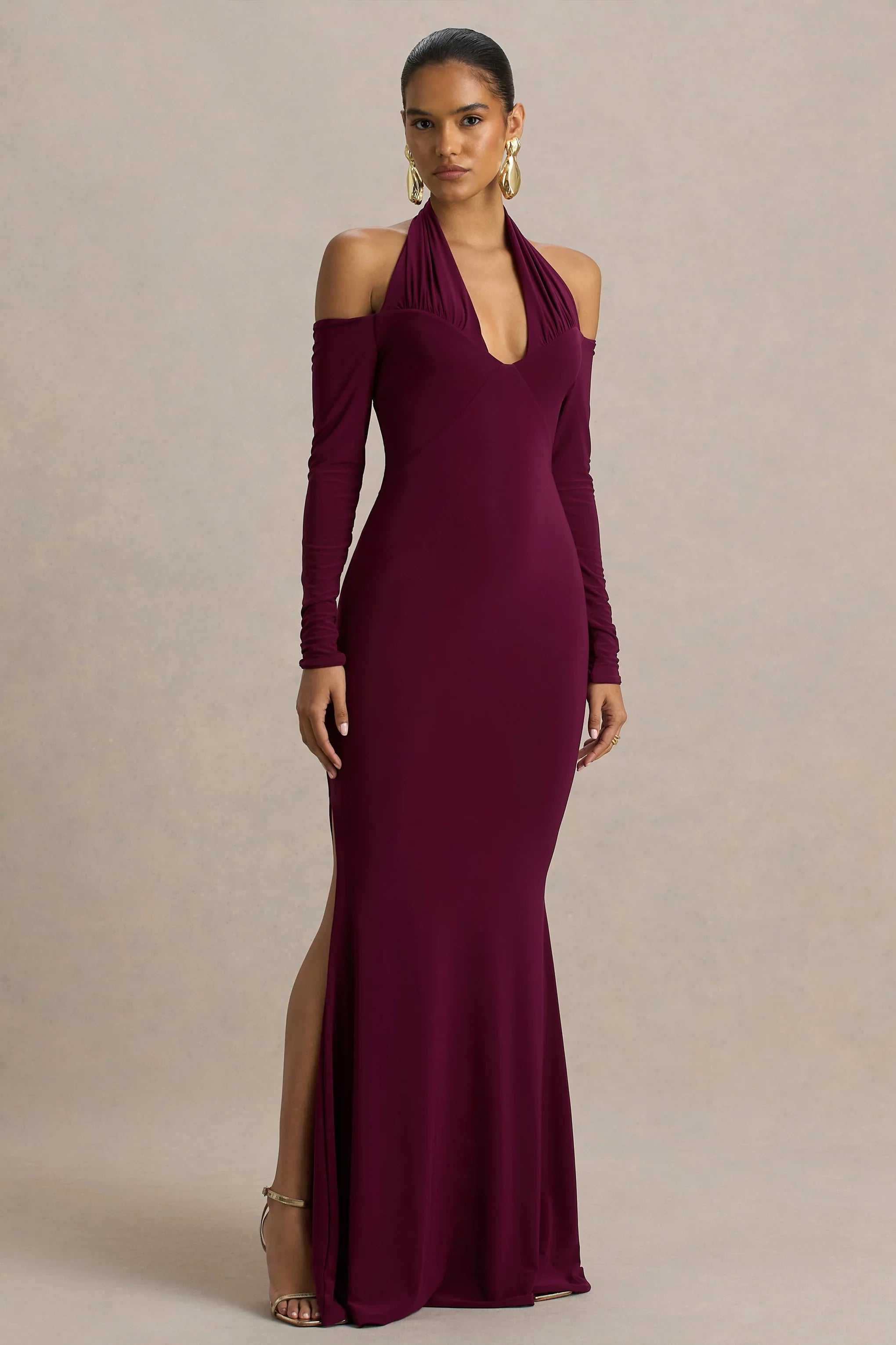 Living High Burgundy Halter Neck Maxi Dress With Long Sleeves