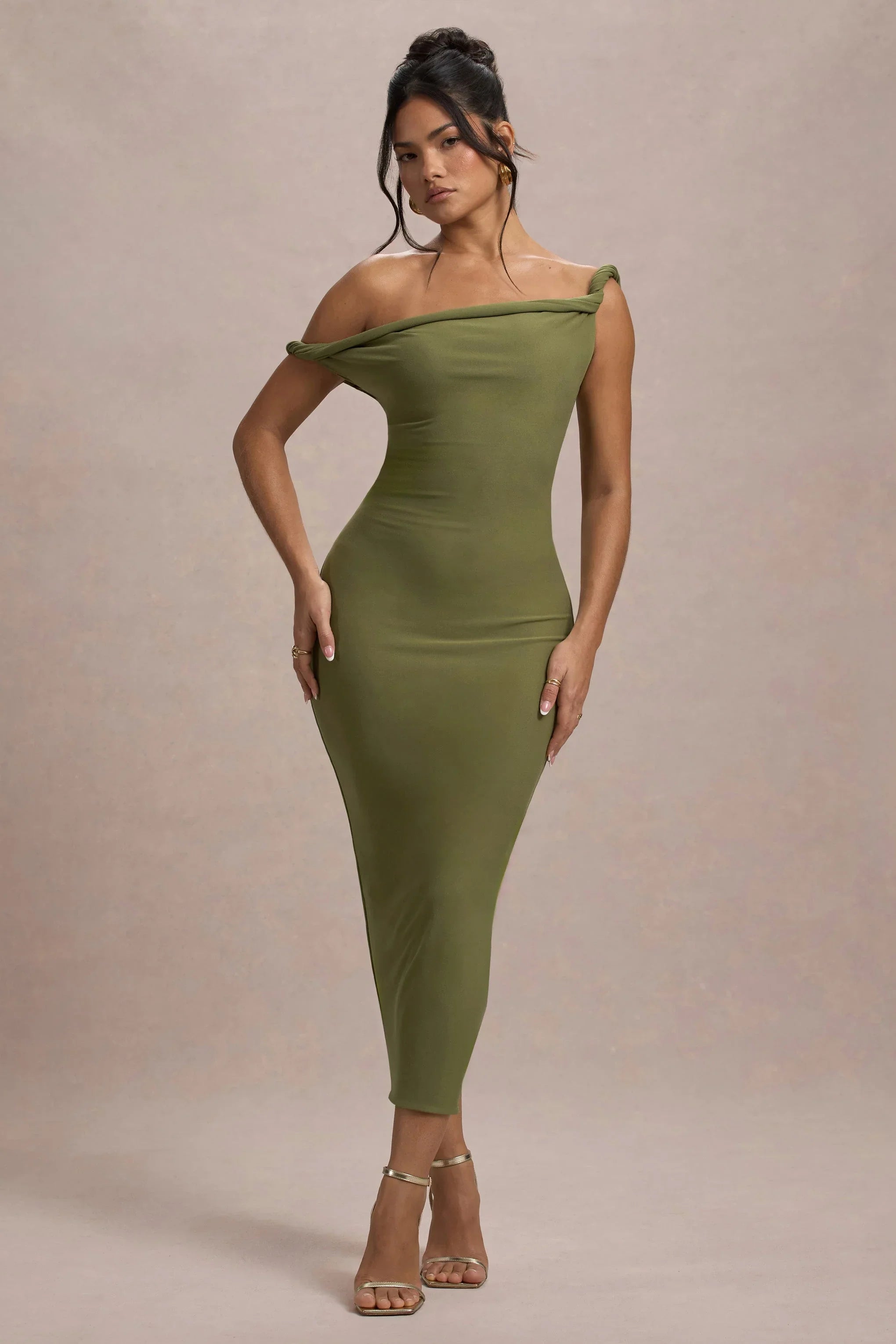 Salome Olive Twisted Asymmetric Midi Dress
