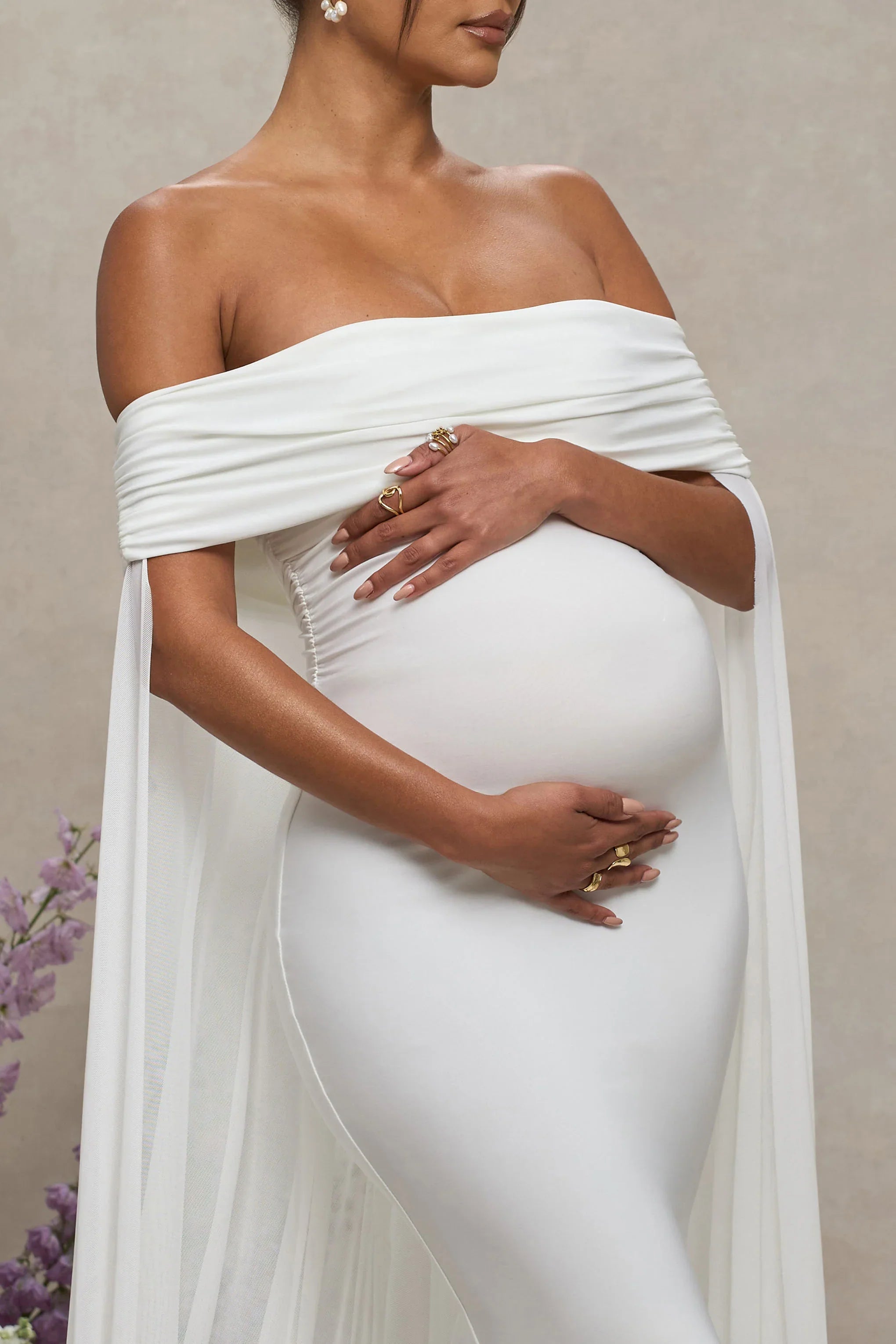 Carlotta White Bardot Maternity Maxi Dress With Chiffon Cape