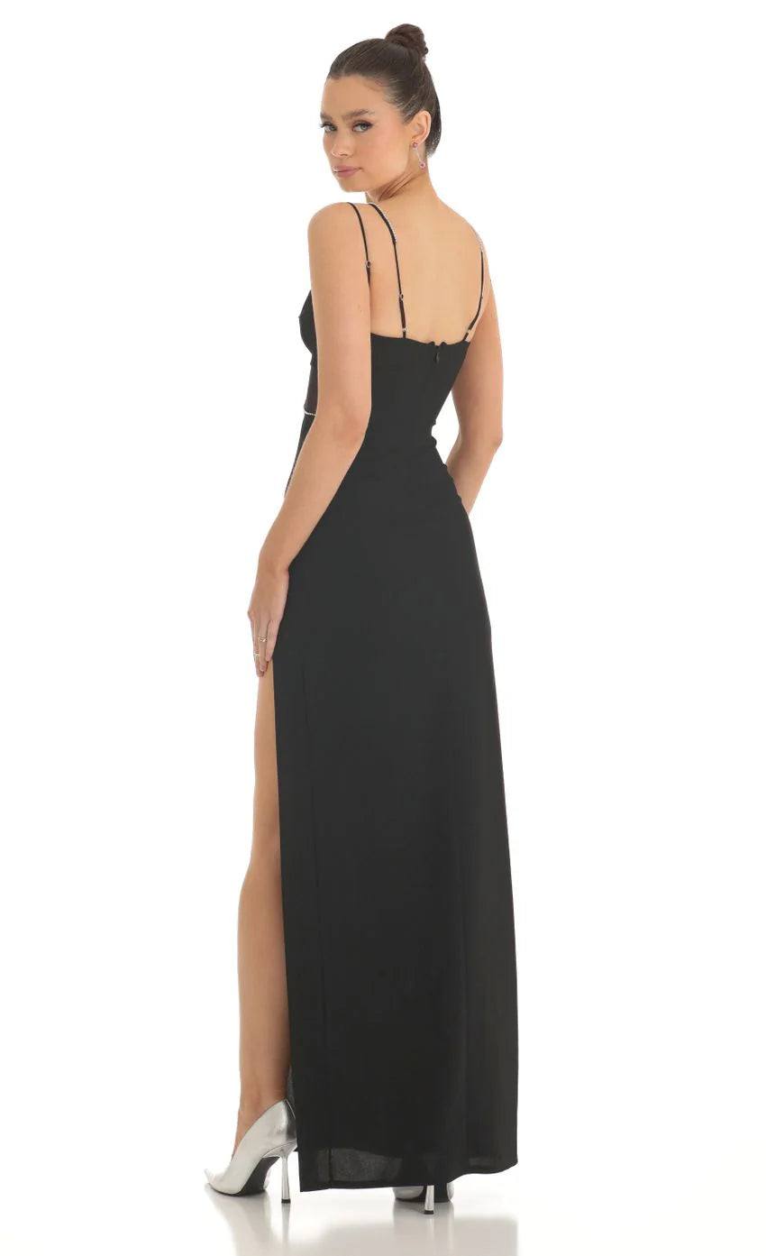 Rhinestone Crepe Cutout Maxi Dress in Black
