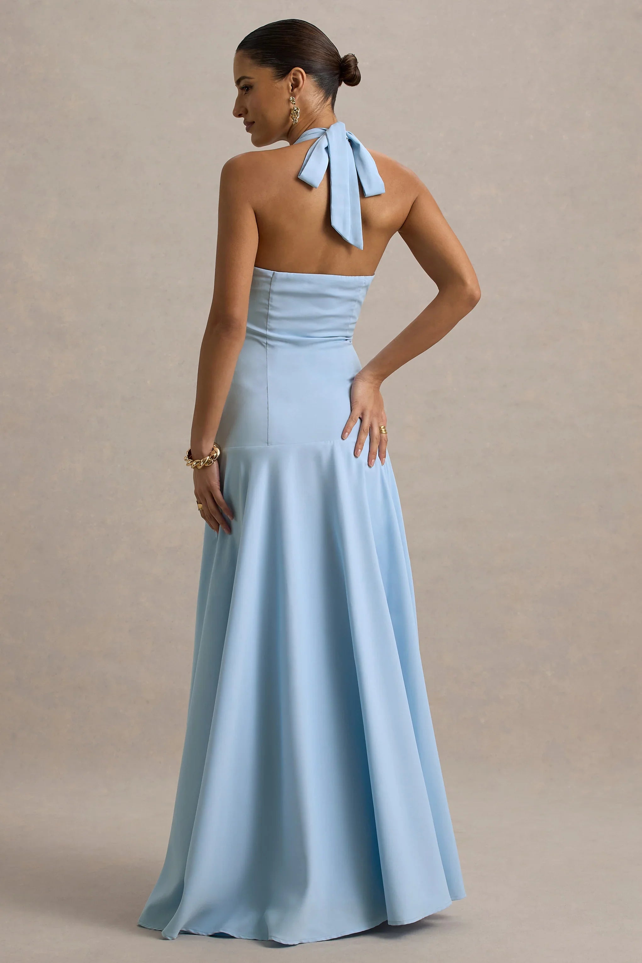 Ginevra Powder Blue Halter Neck Slip Maxi Dress