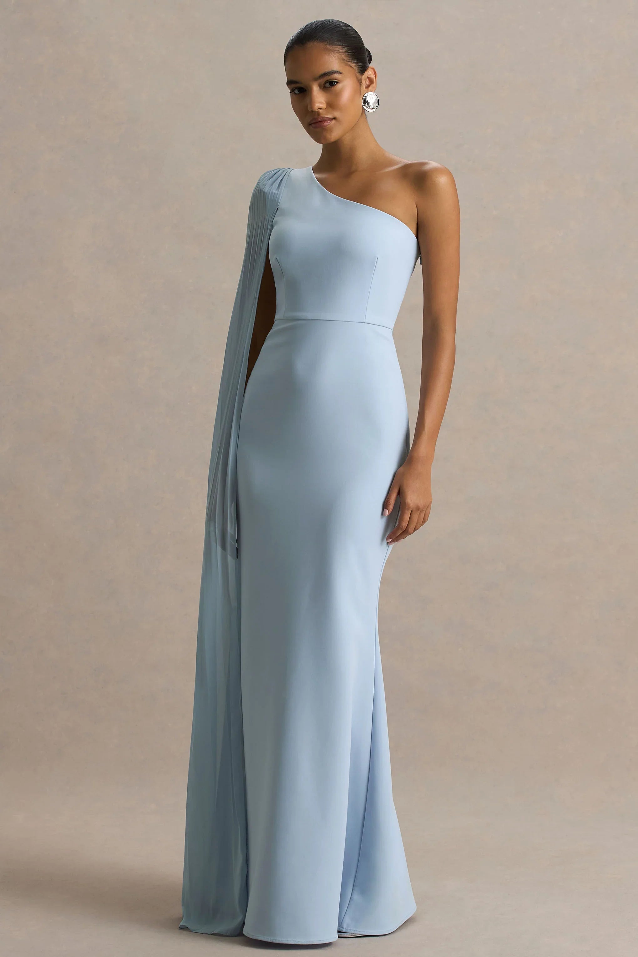 Athens Powder Blue Asymmetric Neck Maxi Dress With Cape Sleeve Detail