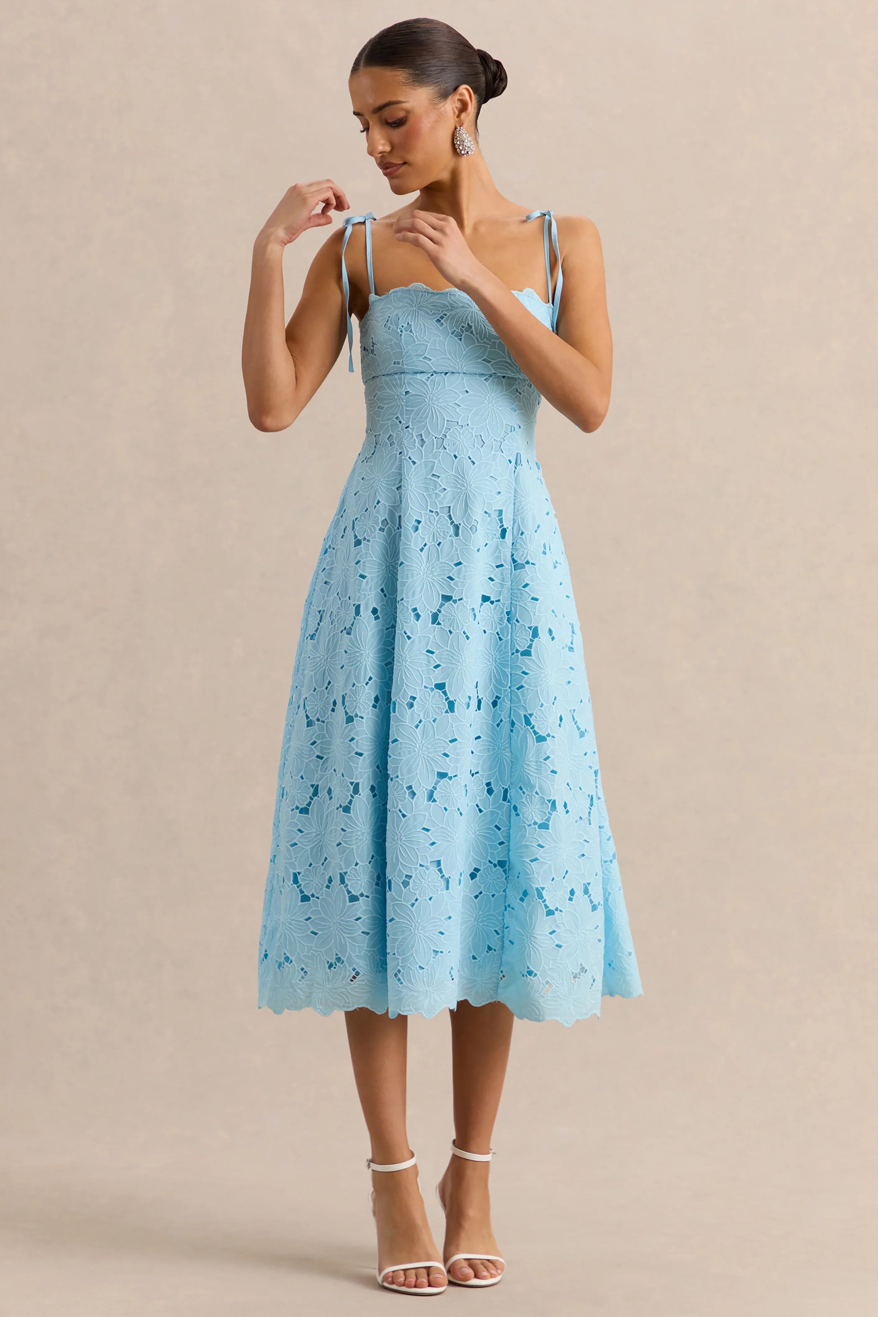 Anna Embroidered Powder Blue Square Neck Midi Dress