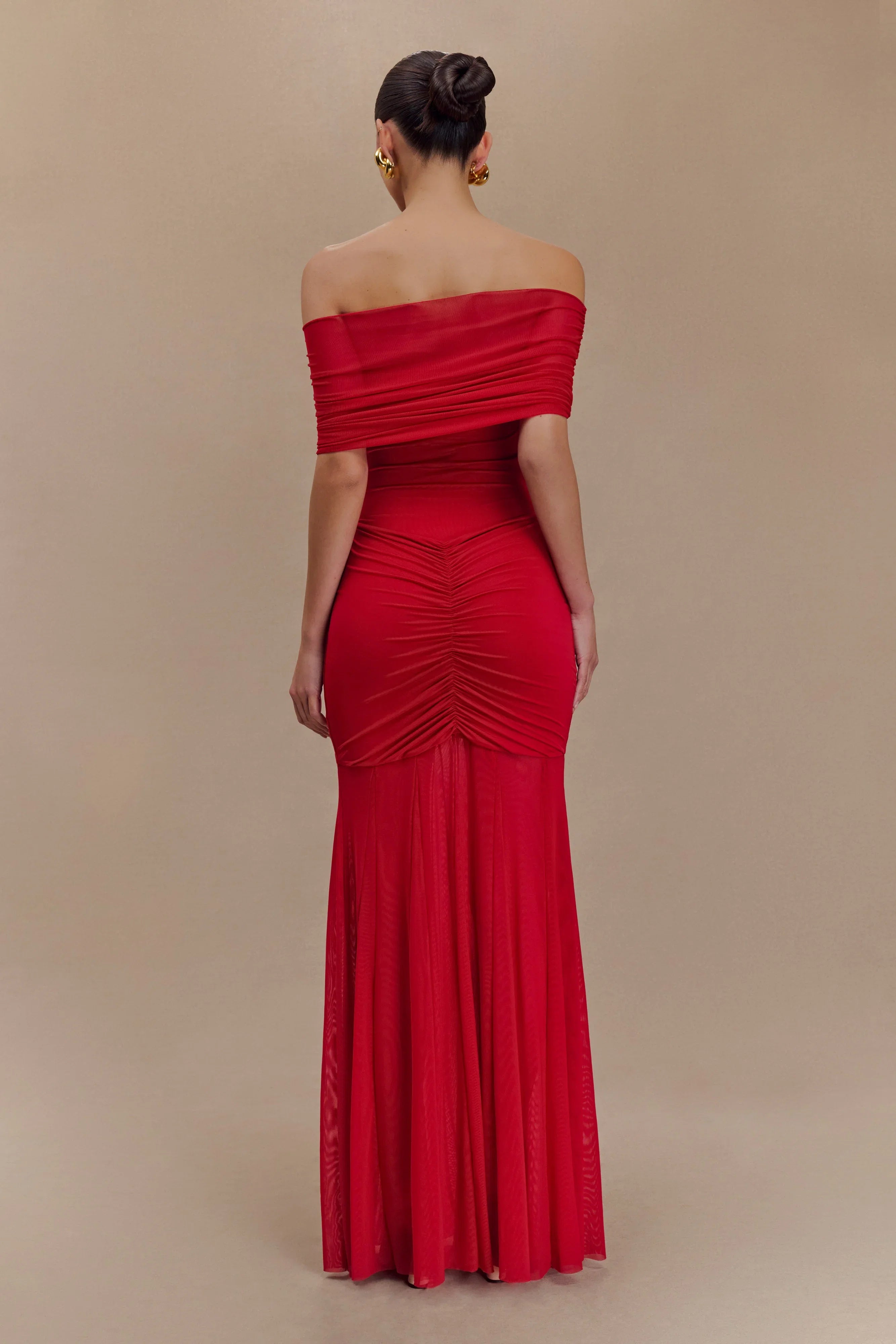 Caspian Slinky And Mesh Off Shoulder Maxi Dress Ruby