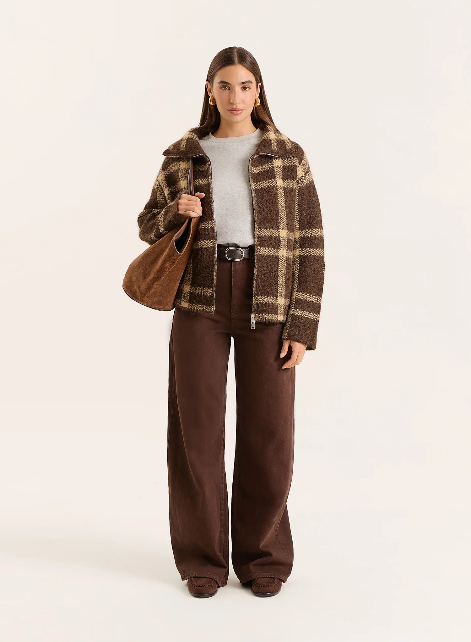 Chocolate Checked Knitted Zip Jacket