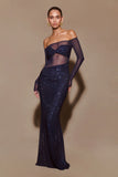 Nash Diamante Off Shoulder Maxi Dress Navy