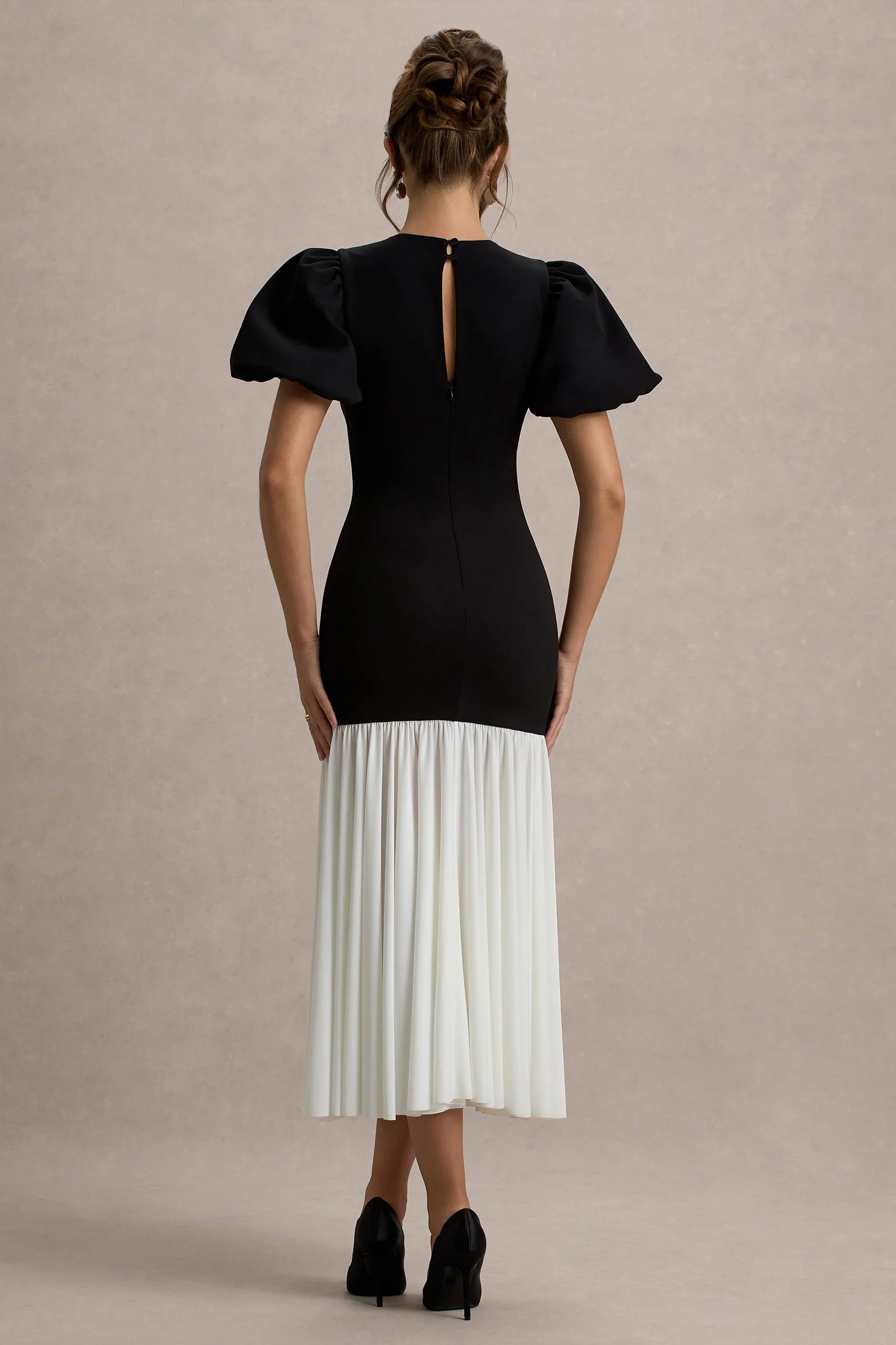 Cinzia Black White Puff Sleeve Volume Hem Midi Dress