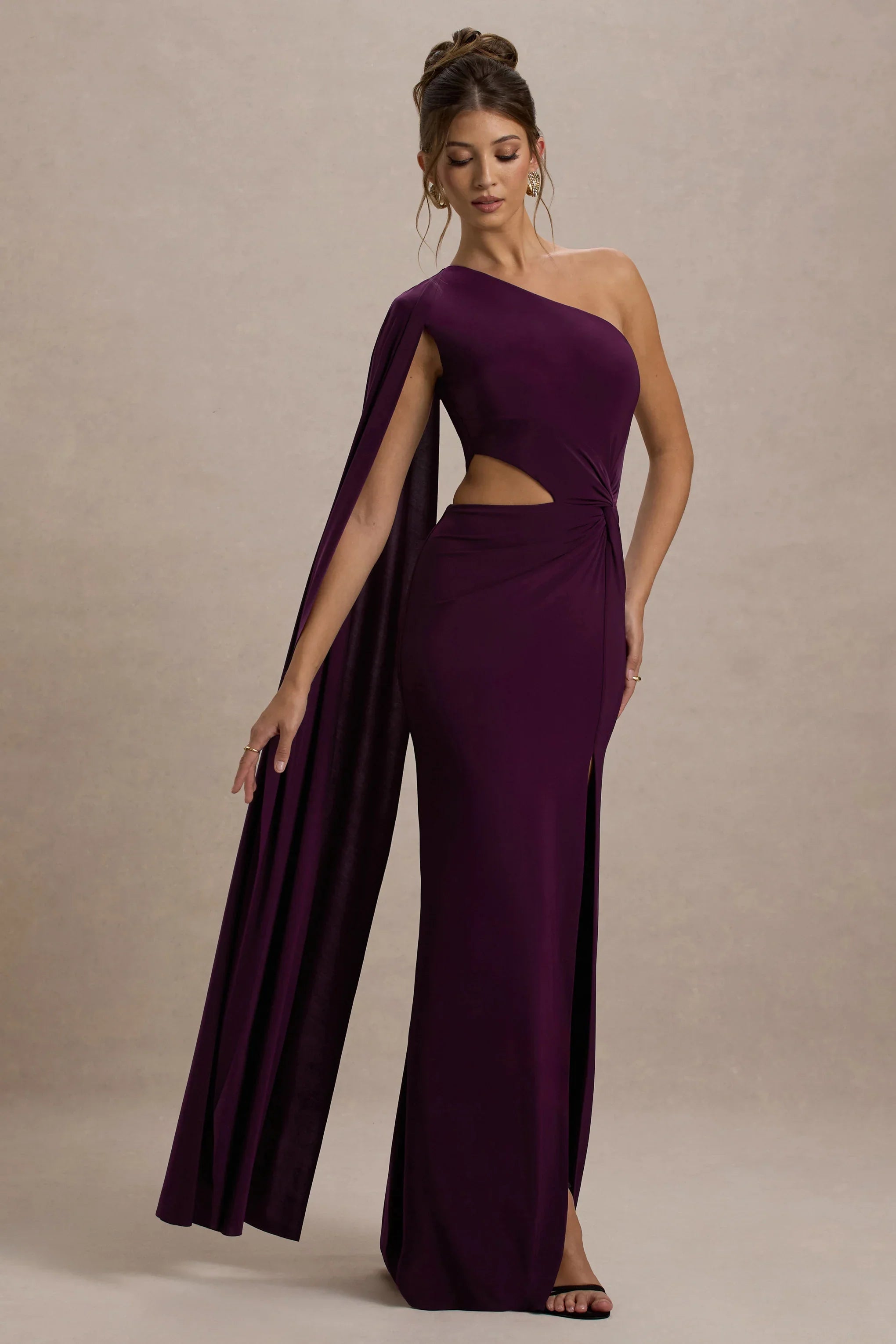 Brona Plum One Shoulder Cape Sleeve Split Maxi Dress