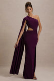 Brona Plum One Shoulder Cape Sleeve Split Maxi Dress