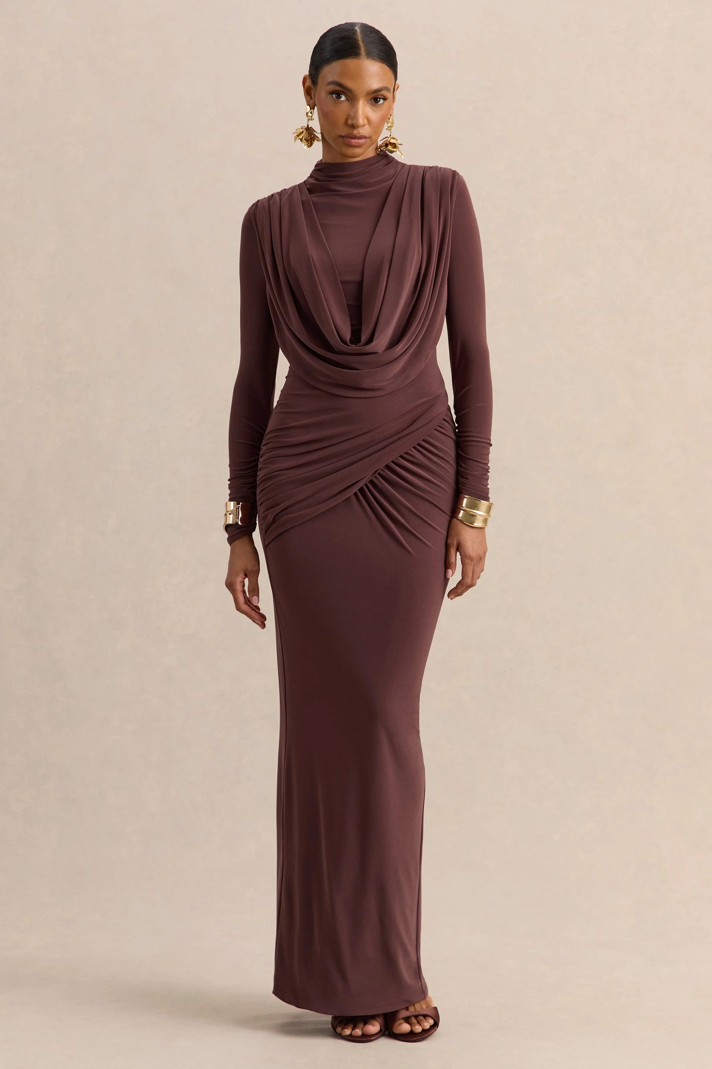 Karinthia Brown High Neck Maxi Dress With Draped Detailing