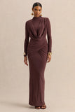 Karinthia Brown High Neck Maxi Dress With Draped Detailing