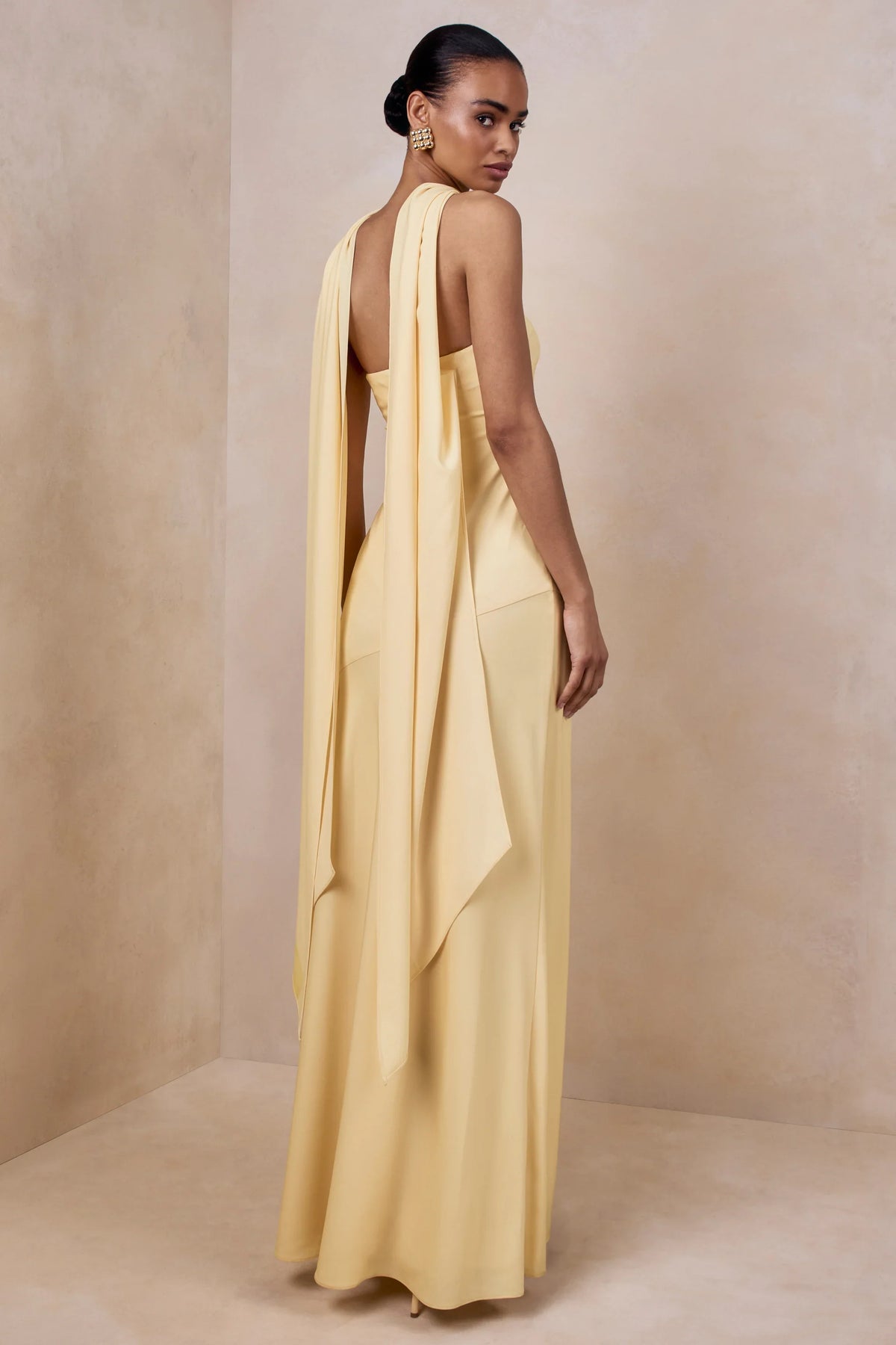 Charly Lemon Matte Satin Bandeau Maxi Dress With Scarf Detail