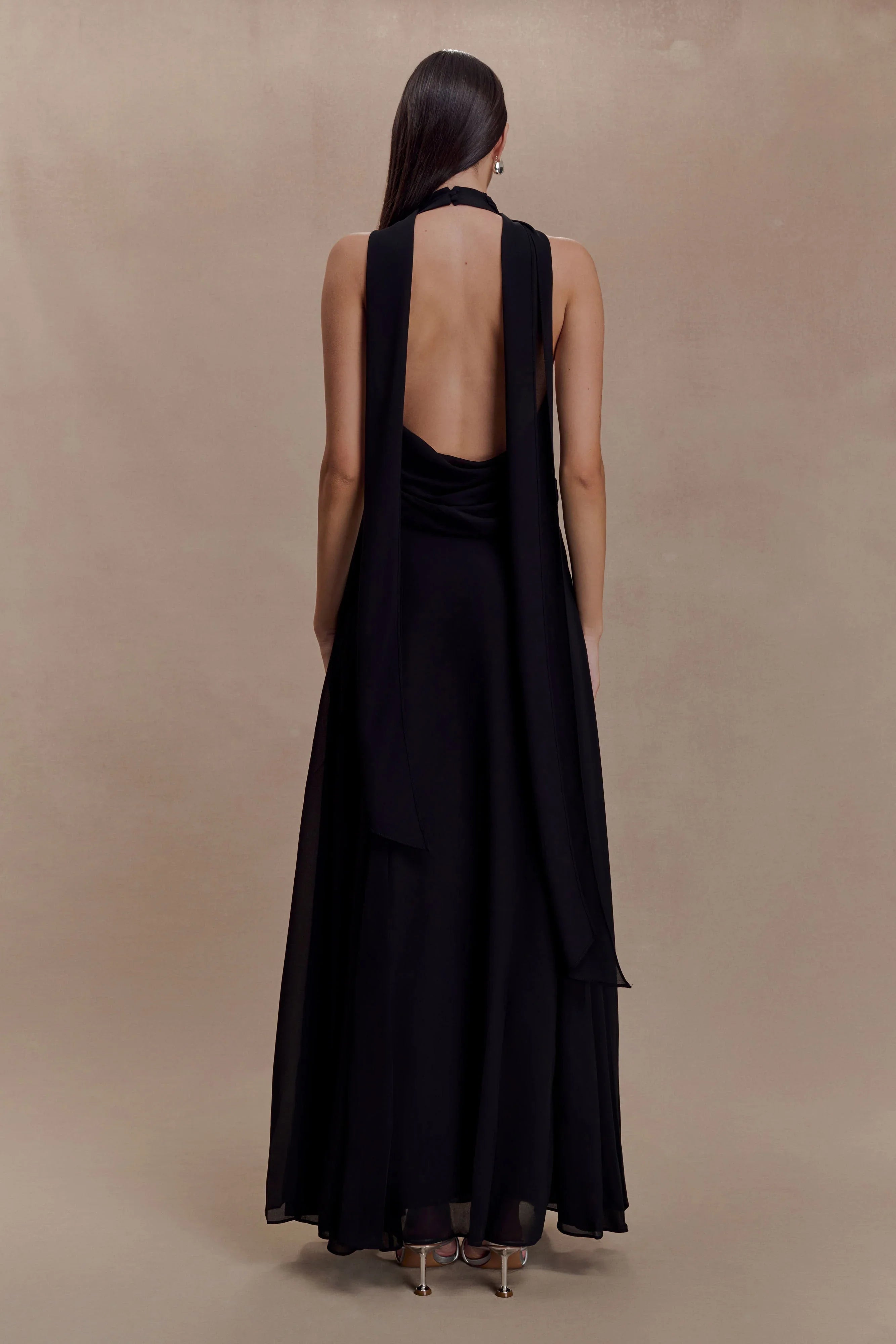 Santal Floral Chiffon Halter Maxi Dress Black